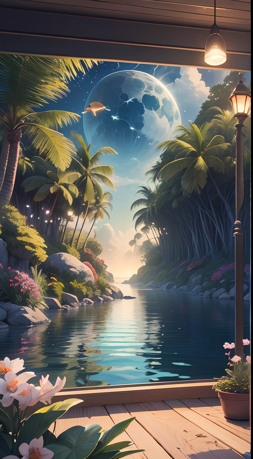 Masterpiece, best quality, (very detailed CG unified 8k wallpaper), (best quality), (best illustration), (best shadow), glowing critters, natural elements in sea theme. mysterious sea, beautiful sea, nature, surrounded by flowers, surrounded by fireflies (natural elements), (sea theme), (coconut trees), (dolphins), (fireflies), (particle effects) and other 3D, Octane rendering, ray tracing, super detailed --auto