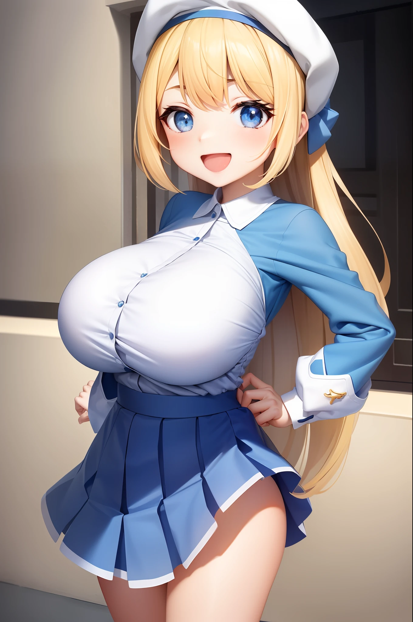 masterpiece, 1 li, solo, (smile: 1.3), tusks, (blue skirt, white long sleeve, clothes written: 1.2), (open mouth: 1.2), street, city, (gigantic breasts: 1.2)