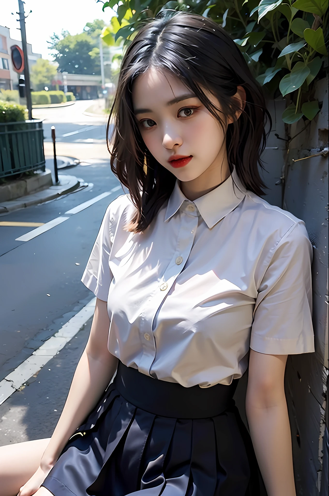 (1girl:1.3),(solo:1.4),(half body:1.3),delicate, masterpiece, best shadow,(photorealistic:1.3),__collared_shirt and flared_skirt as material__,__outdoor__, makeup, warm tone, soft light,narrow waist, (flat breast)