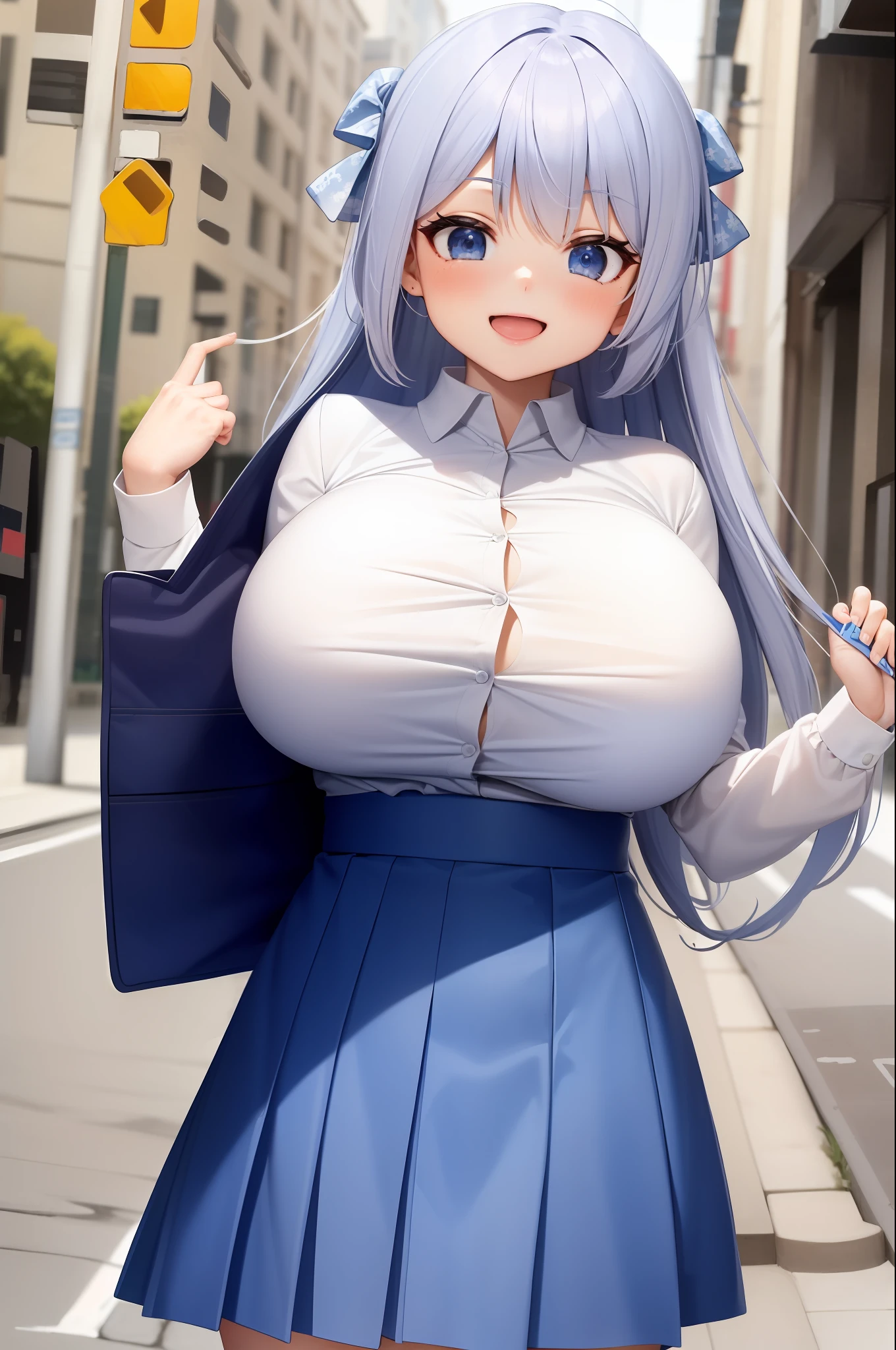 masterpiece, 1 , solo, (smile: 1.3), tusks, (blue skirt, white long sleeve, clothes written: 1.2), (open mouth: 1.2), street, city, (gigantic breasts: 1.2)