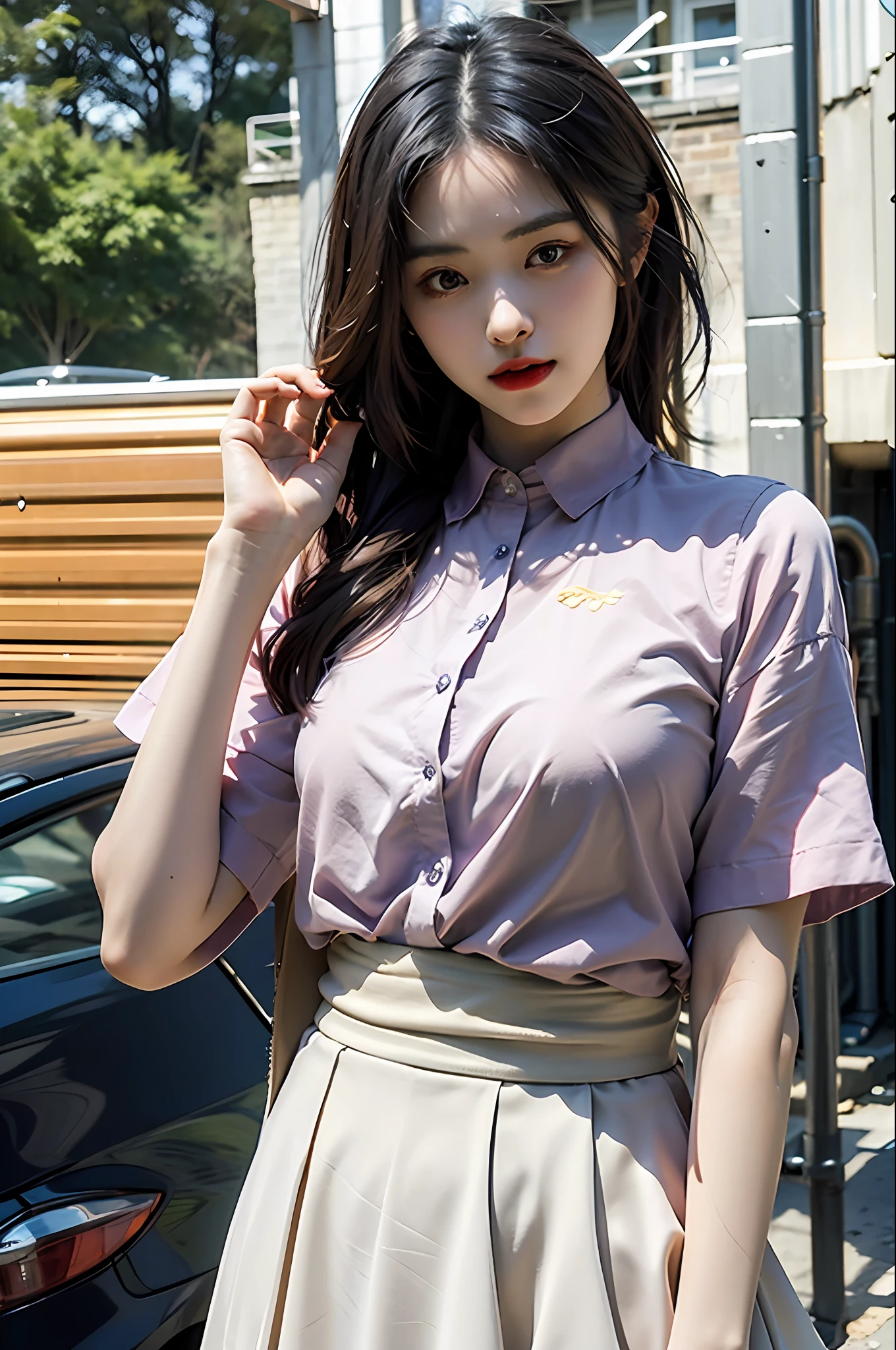 (1girl:1.3),(solo:1.4),(half body:1.3),delicate, masterpiece, best shadow,(photorealistic:1.3),__collared_shirt and flared_skirt as material__,__outdoor__, makeup, warm tone, soft light,narrow waist, (flat breast)