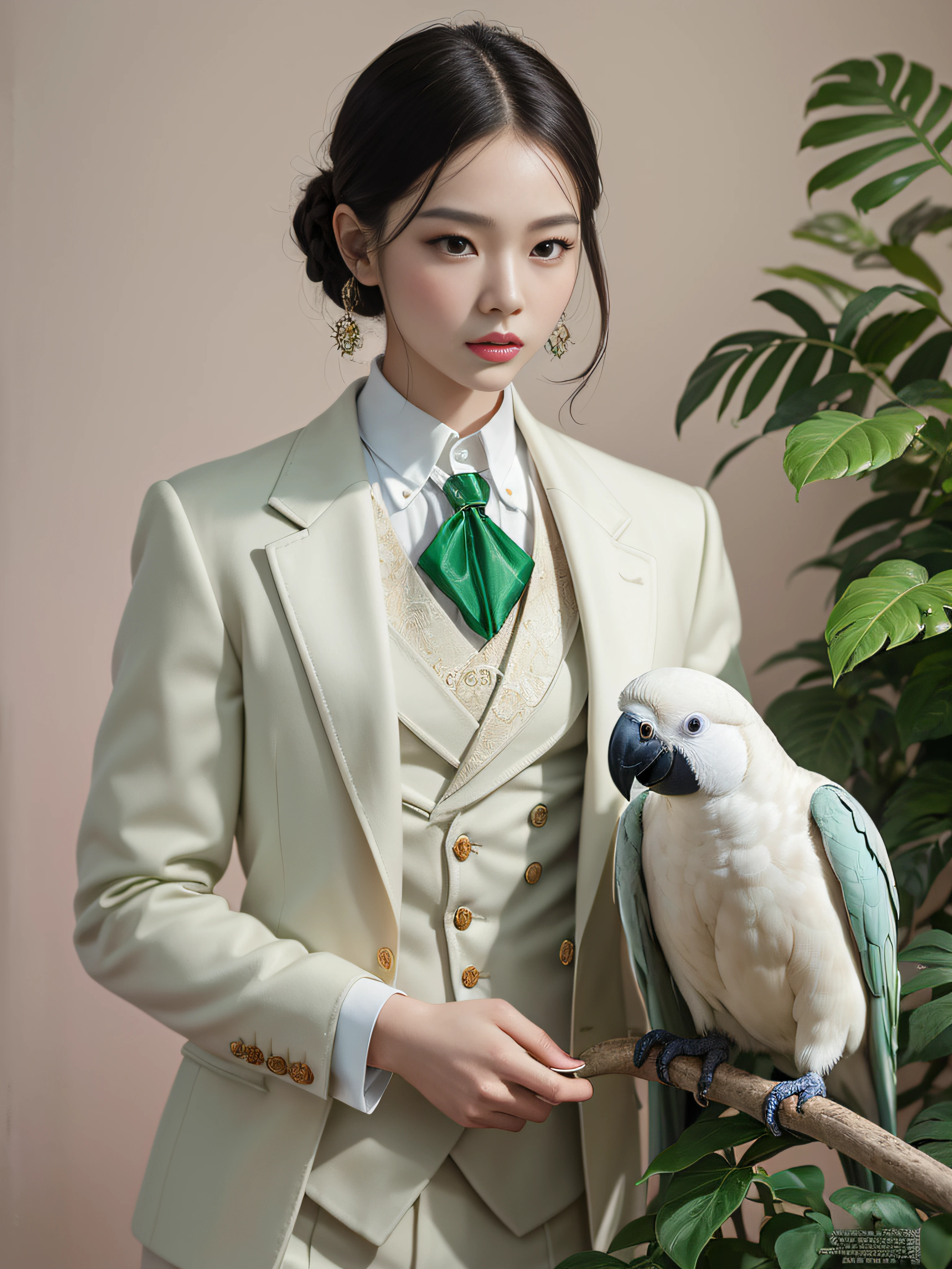 fashion magazine, Hyperrealistic oil painting, a pure white parrot, A neutral model in a white suit, pink and emerald, Plants cover the background, (style of artist hsiao-ron cheng), shiny hair, cowboy shot, Art Deco, Verism, bloom, award winning, retina --auto