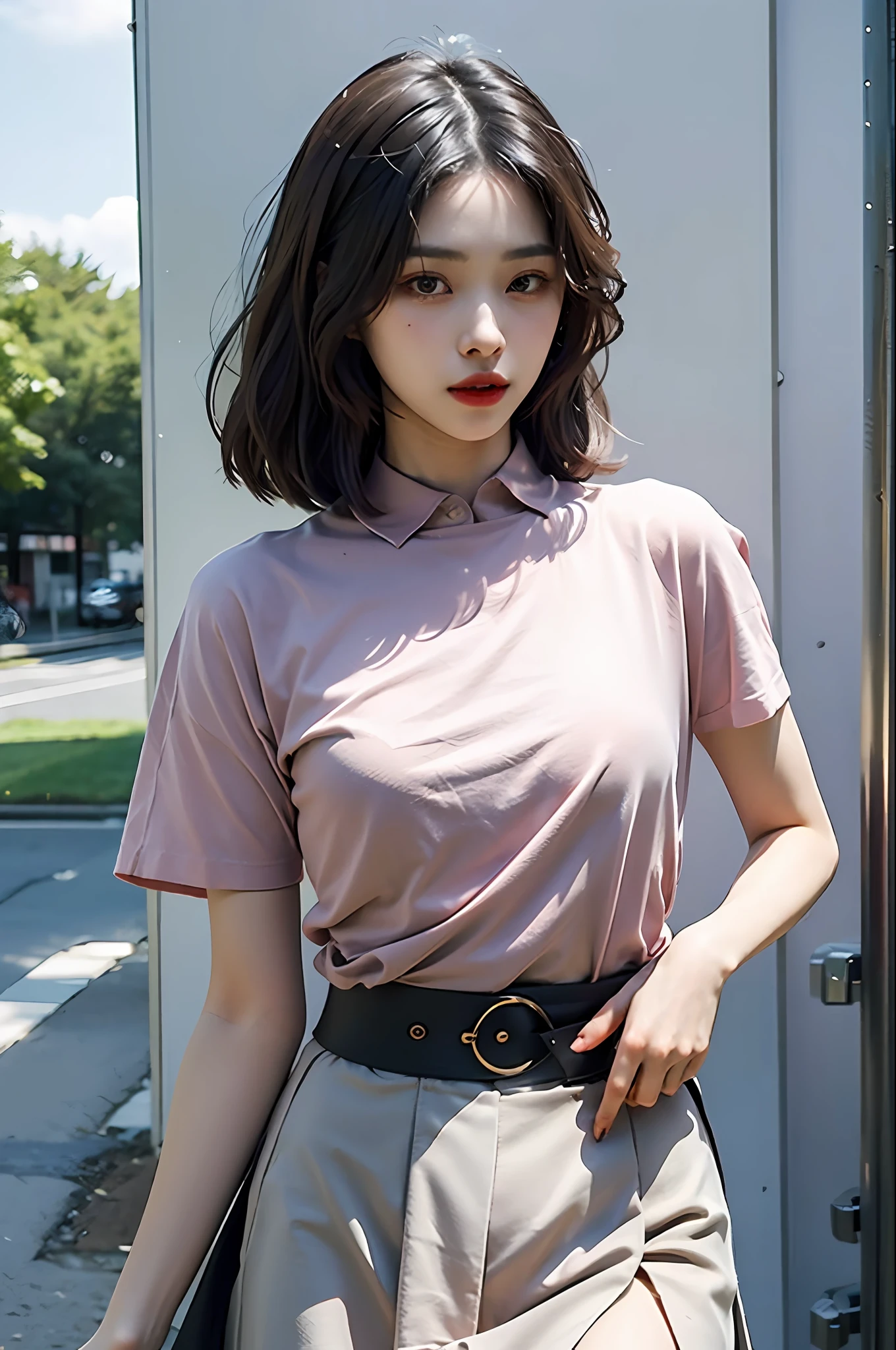 (1girl:1.3),(solo:1.4),(half body:1.3),delicate, masterpiece, best shadow,(photorealistic:1.3),__collared_shirt and flared_skirt as material__,__outdoor__, makeup, warm tone, soft light,narrow waist, (flat breast)