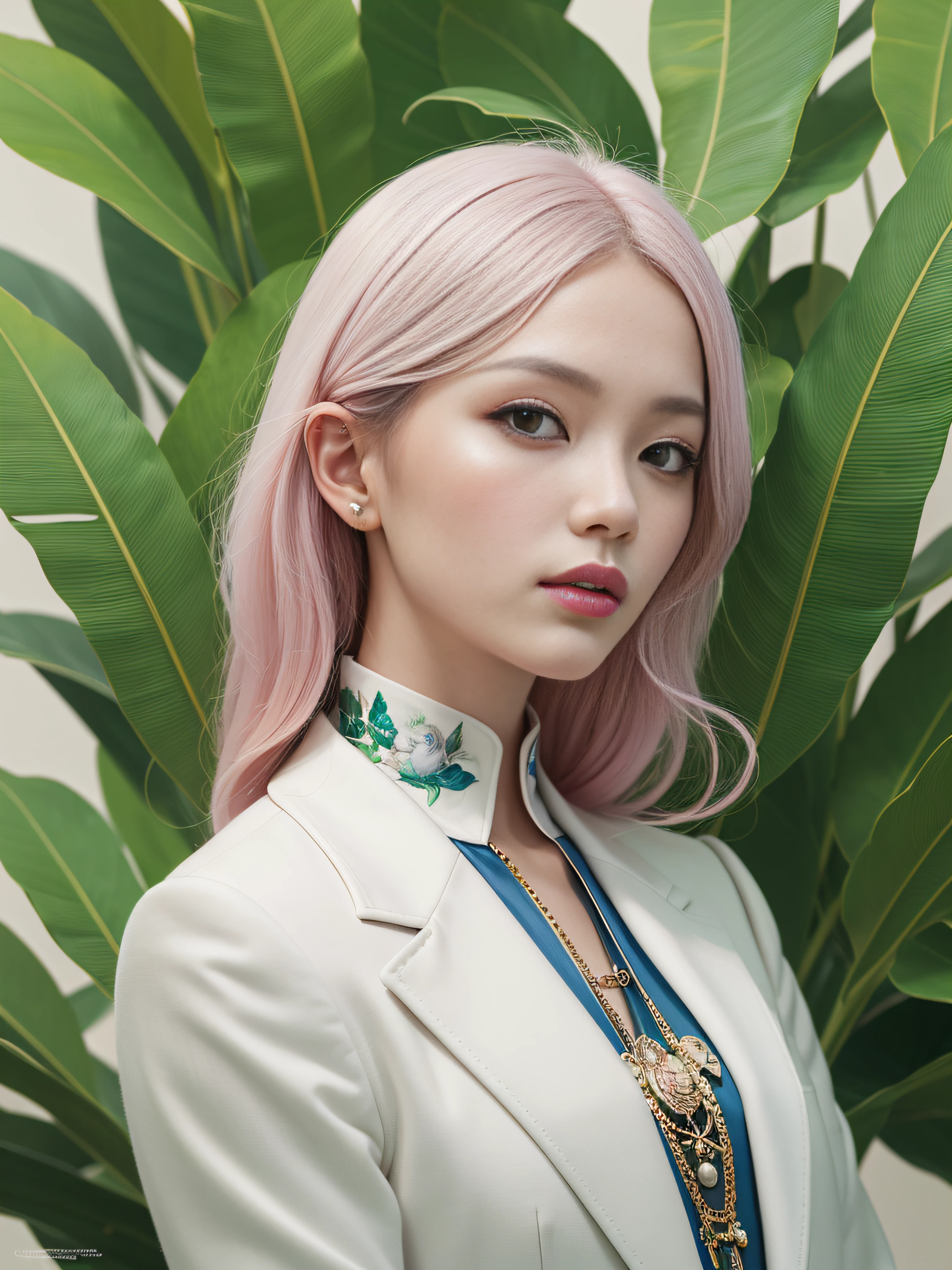 fashion magazine, Hyperrealistic oil painting, a pure white parrot, A neutral model in a white suit, pink and emerald, Plants cover the background, (style of artist hsiao-ron cheng), shiny hair, cowboy shot, Art Deco, Verism, bloom, award winning, retina --auto