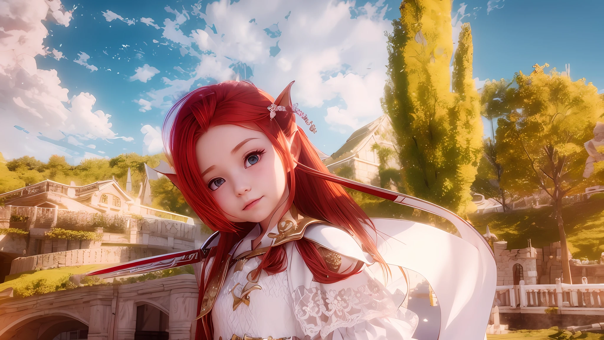 There is a child with red hair and a white dress holding a sword, Lalafell, character with smile, close-up character, beautiful screenshot, highly detailed character, close-up character, she has elf ears and golden eyes, NCSOFT, hyper-detailed fantasy character, elf girl wearing a flower suit, render of a cute 3D anime girl, ultra realistic