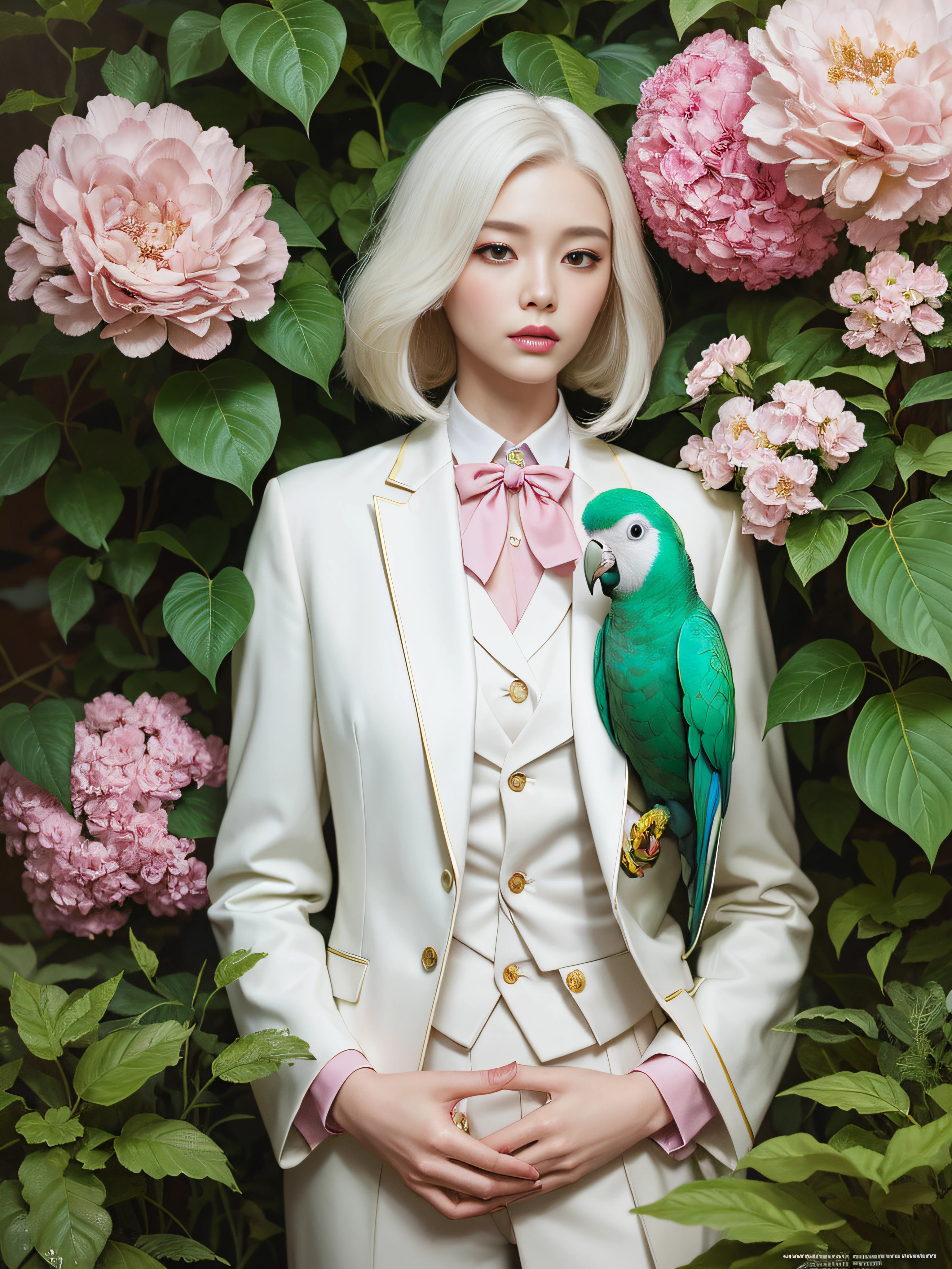 fashion magazine, Hyperrealistic oil painting, a pure white parrot, A neutral model in a white suit, pink and emerald, Plants cover the background, (style of artist hsiao-ron cheng), shiny hair, cowboy shot, Art Deco, Verism, bloom, award winning, retina --auto