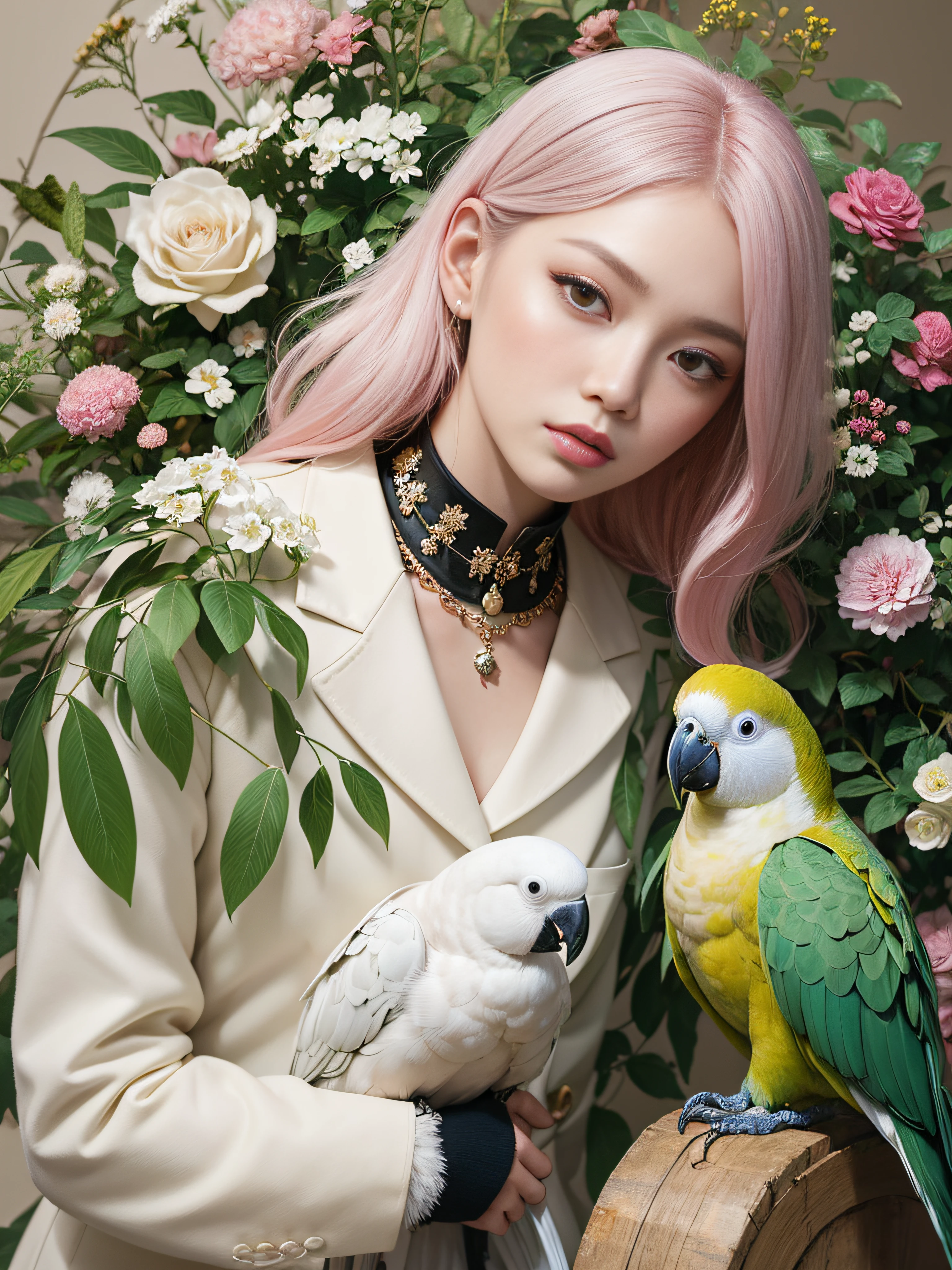 fashion magazine, Hyperrealistic oil painting, a pure white parrot, A neutral model in a white suit, pink and emerald, Plants cover the background, (style of artist hsiao-ron cheng), shiny hair, cowboy shot, Art Deco, Verism, bloom, award winning, retina --auto