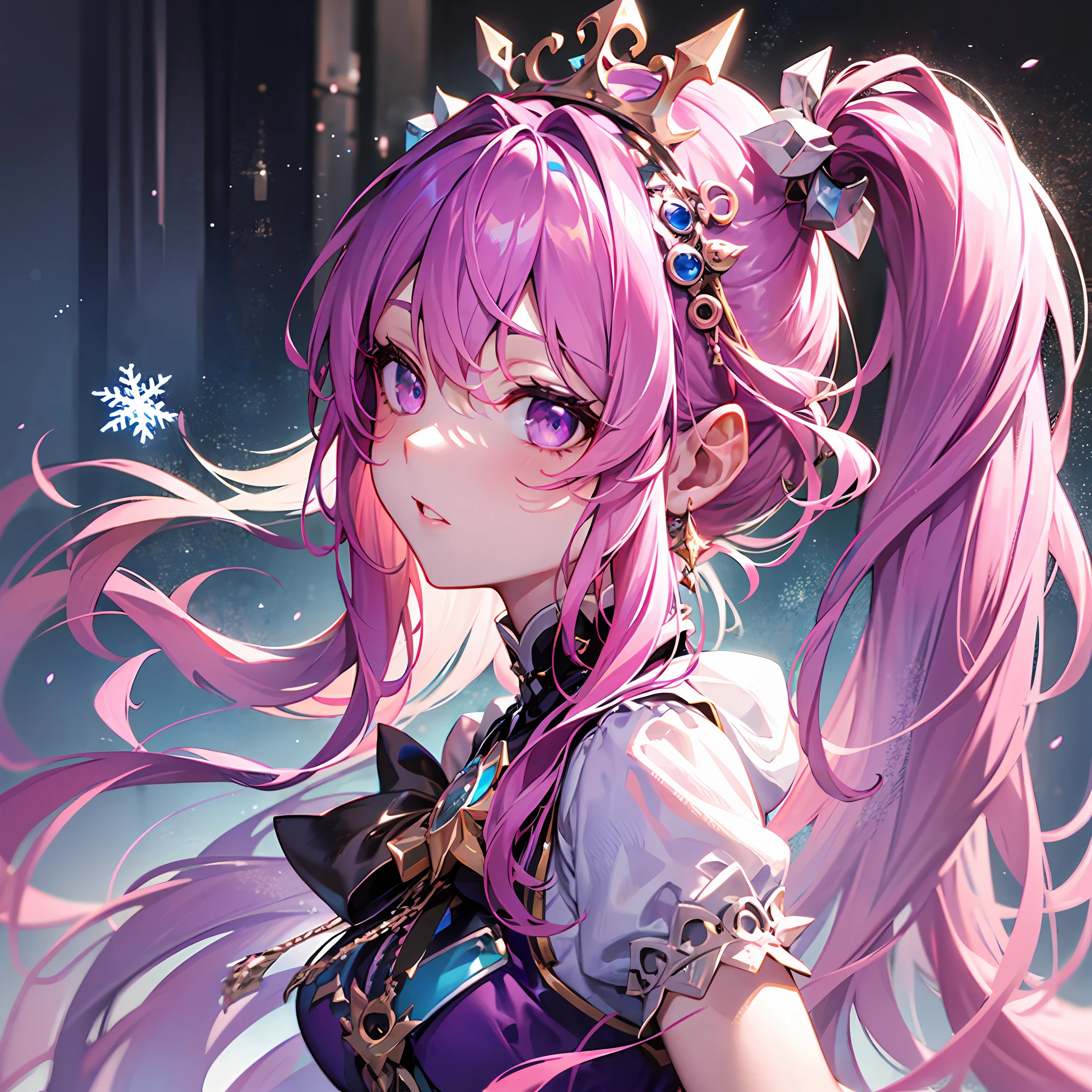 Girl, pink hair, purple eyes, (snowflake headdress), pink long dress, side ponytail
