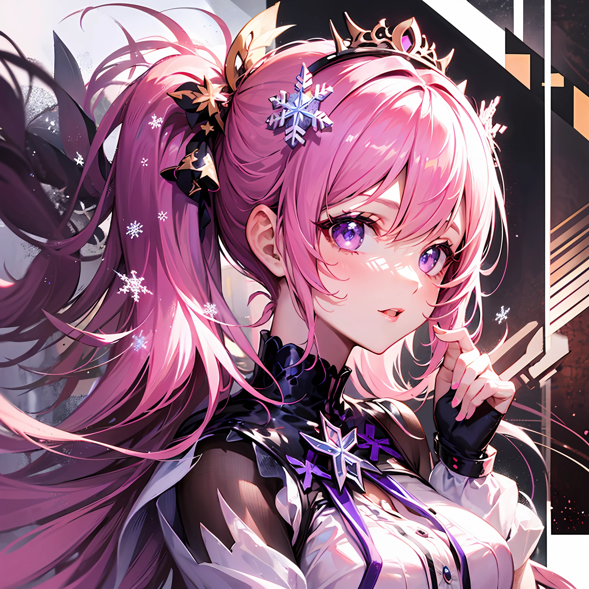 Girl, pink hair, purple eyes, (snowflake headdress), pink long dress, side ponytail