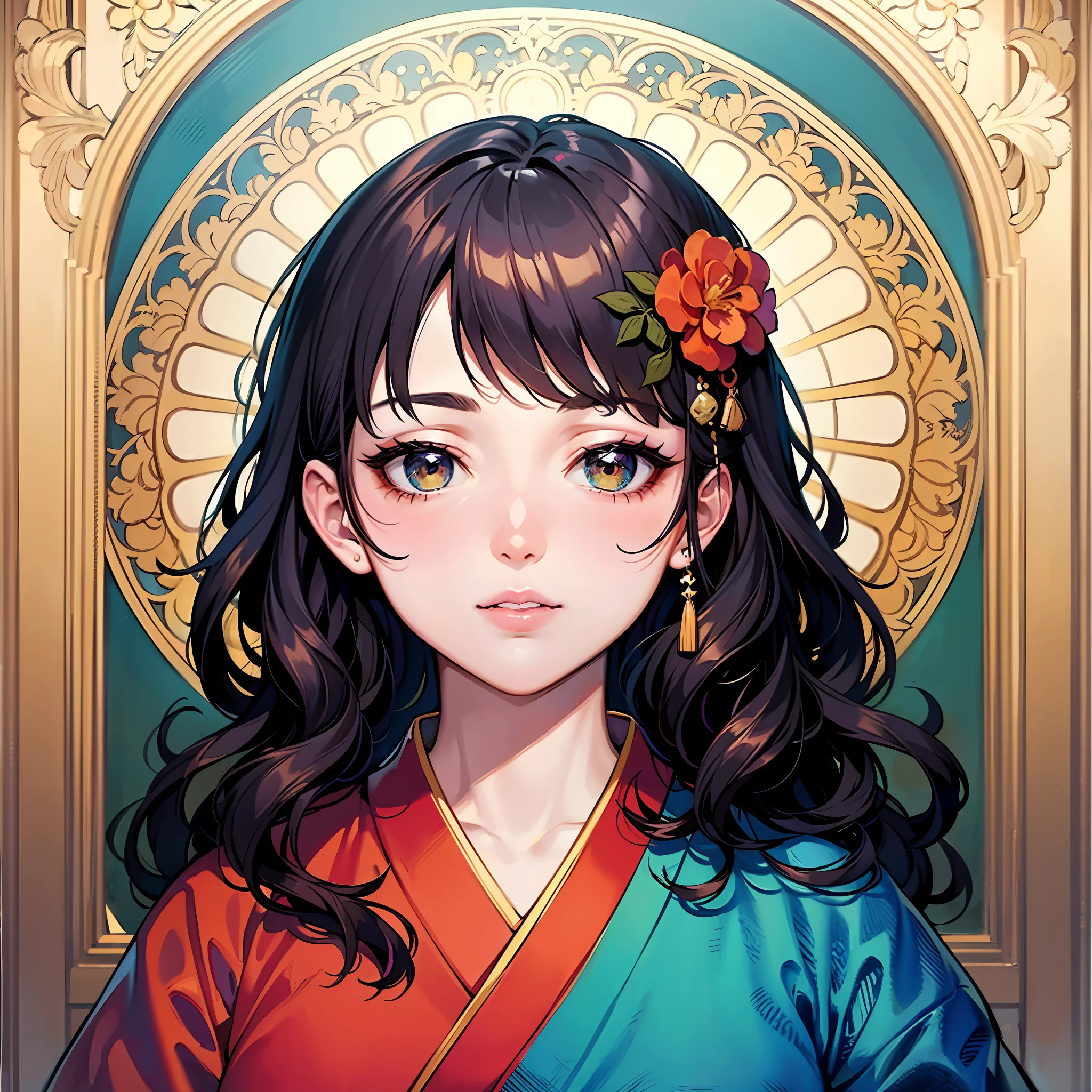 Face portrait of Japan woman in kimono, black hair, flower frame, decorative panel, abstract art, by Alphonse Mucha (masterpiece, highest quality, high resolution: 1.4), detail, intricate details, 4K, color splash, line art, Fibonacci, --auto