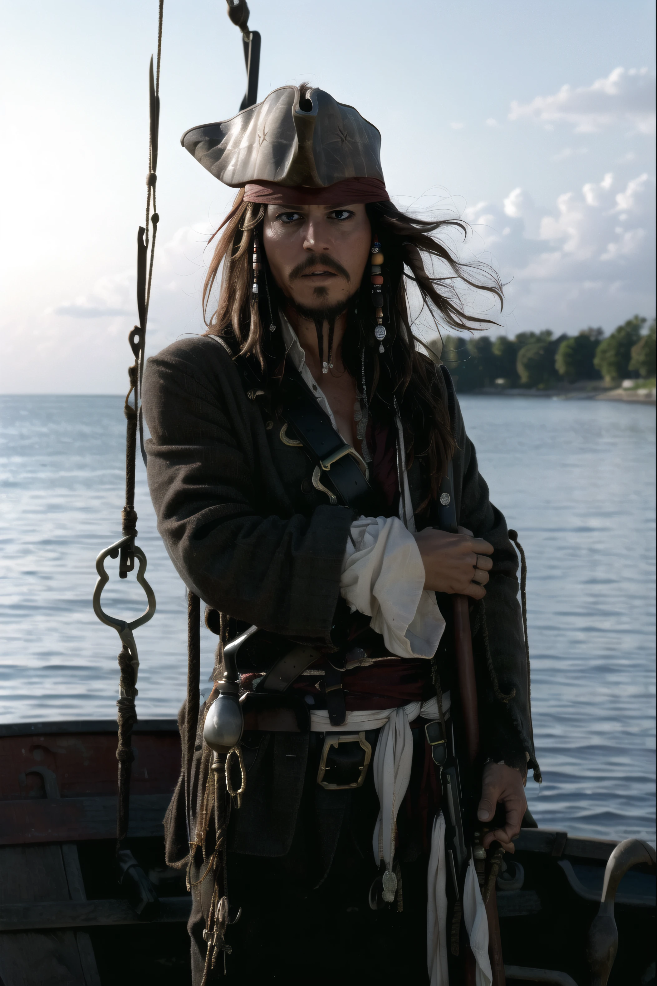 masterpiece, (photorealistic:1.5), best quality, beautiful lighting, real life,
jack sparrow, solo, long hair, brown hair, long sleeves, 1boy, hat, weapon, male focus, outdoors, gun, facial hair, ocean, rope, rifle, beard, watercraft
, intricate, high detail, sharp focus, dramatic, beautiful girl , (RAW photo, 8k uhd, film grain), caustics, subsurface scattering, reflections