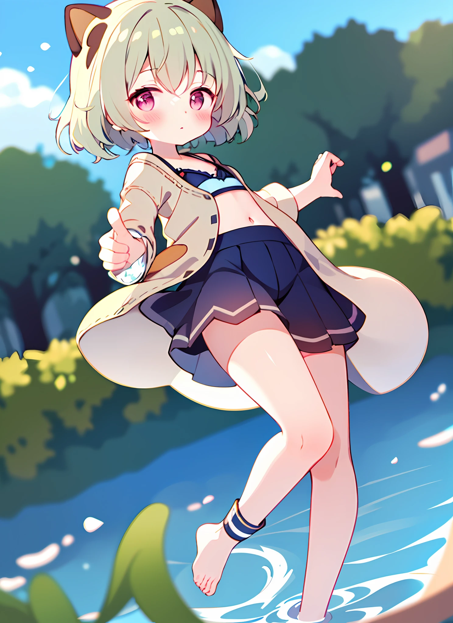 blush, outdoor, daytime, simple background, blue sky, rippled hair, sky, looking at the viewer loli, very cute expression, small short legs, avatar, toes, panties, bra,