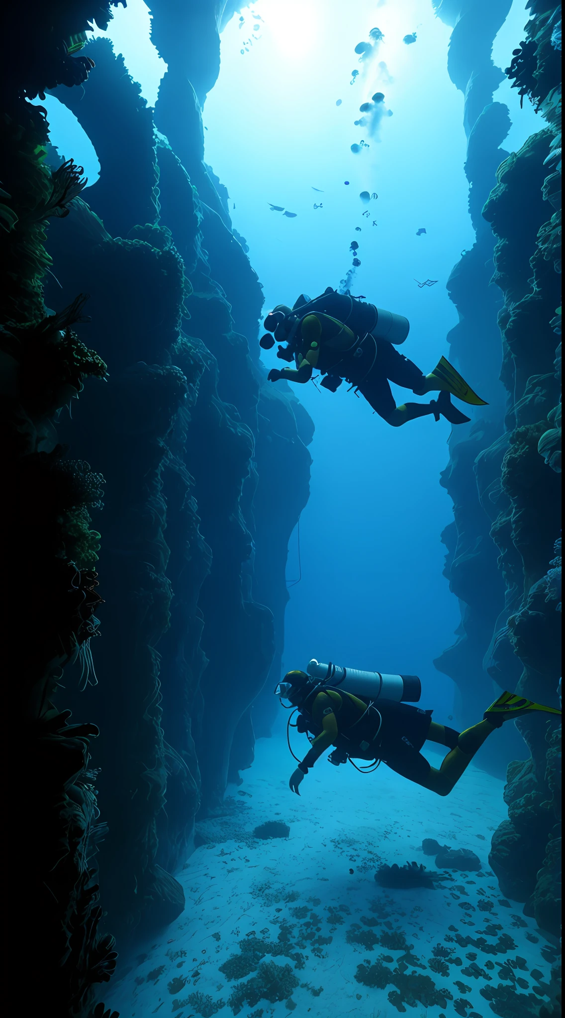 Deep sea, claustrophobia, dive cage, two people diving, only a faint light flickering in the dark, movies, atmosphere, shooting, detailed photos.
