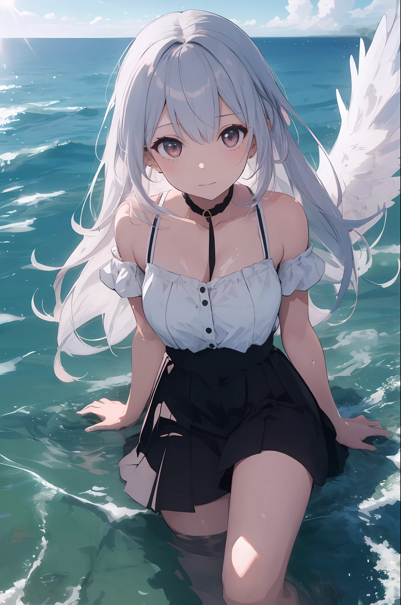 1girl, colorful strands of hair, lustrous skin, high contrast, angelic, glare, sunshine, silver pink gradient hair, water, seaside