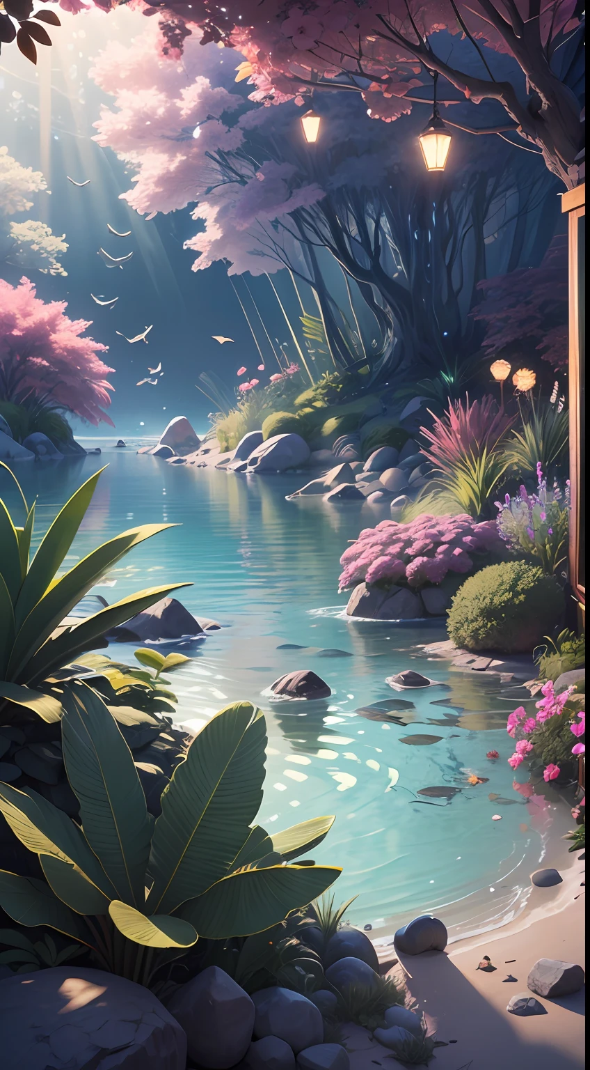 Masterpiece, best quality, (very detailed CG unified 8k wallpaper), (best quality), (best illustration), (best shadow), glowing critters, natural elements in sea theme. mysterious sea, beautiful sea, nature, surrounded by flowers, surrounded by fireflies (natural elements), (sea theme), (coconut trees), (dolphins), (fireflies), (particle effects) and other 3D, Octane rendering, ray tracing, super detailed --auto