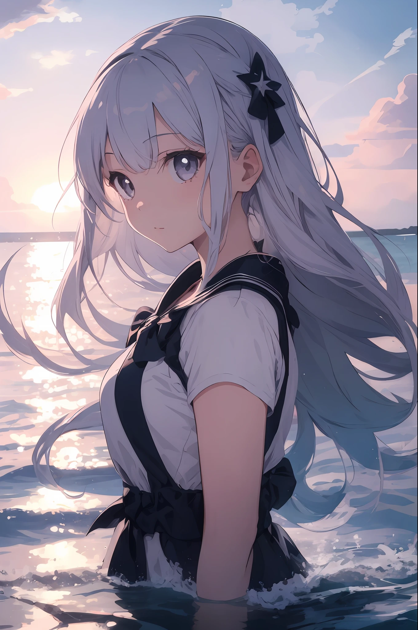1girl, colorful strands of hair, lustrous skin, high contrast, angelic, glare, sunshine, silver pink gradient hair, water, seaside