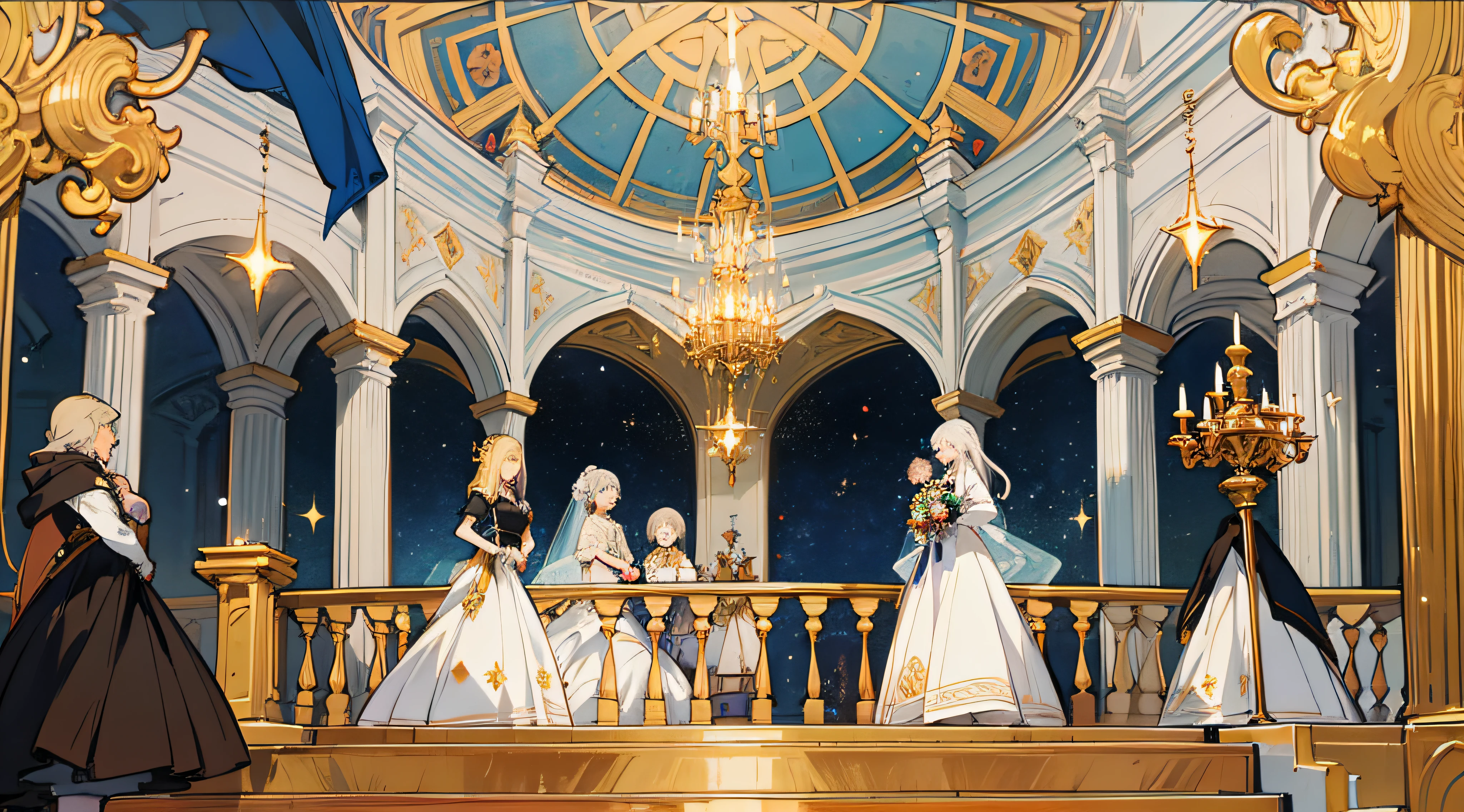 Ornate palace, princes and princesses d weddings, under the stage stood a row of ministers and nobles, fairy tale paintings, Vladimir Borovykovsky, Maximilian Vanka, Igor Grabar, Mikhail Lebedev, Nikita Viprikov, Nadya Rusheva, Baroque paintings. "Starry Sky" by Nina Petrovna Valetova, by Alexander Kucharsky, detail, 8k, master work, super high quality, fine face, gorgeous clothes, intricate patterns, gold,