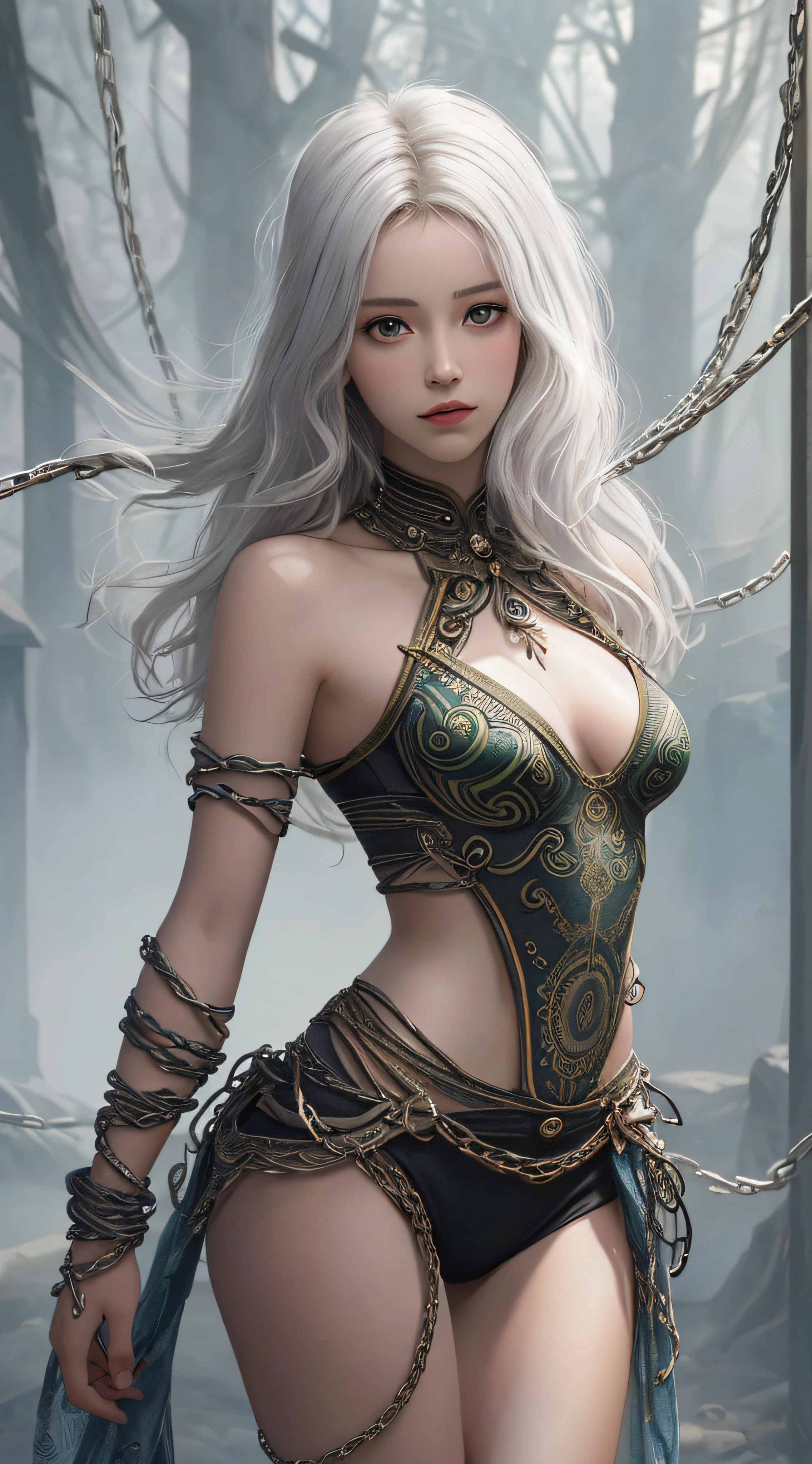 (Masterpiece, Top Quality, Best Quality, Official Art, Depth of Field, Beauty and Aesthetics: 1.2), Pinnacle Rendering, Realistic Rendering, (1girl), Extreme Detail, Colorful, Highest Detail, Official Art, Unified 8k Wallpaper, Ultra Detailed, Beautiful and Aesthetic, Beautiful, Masterpiece, Best Quality, Bare Shoulders, White Hair, Areola, Nipples, (Zentangle, Mandala, Tangled, Entangled), Chains, Strips of Cloth, Fingers All Hidden Without Showing, Small Mouth Tightly Closed, Bound, Restrained, Legs Open
