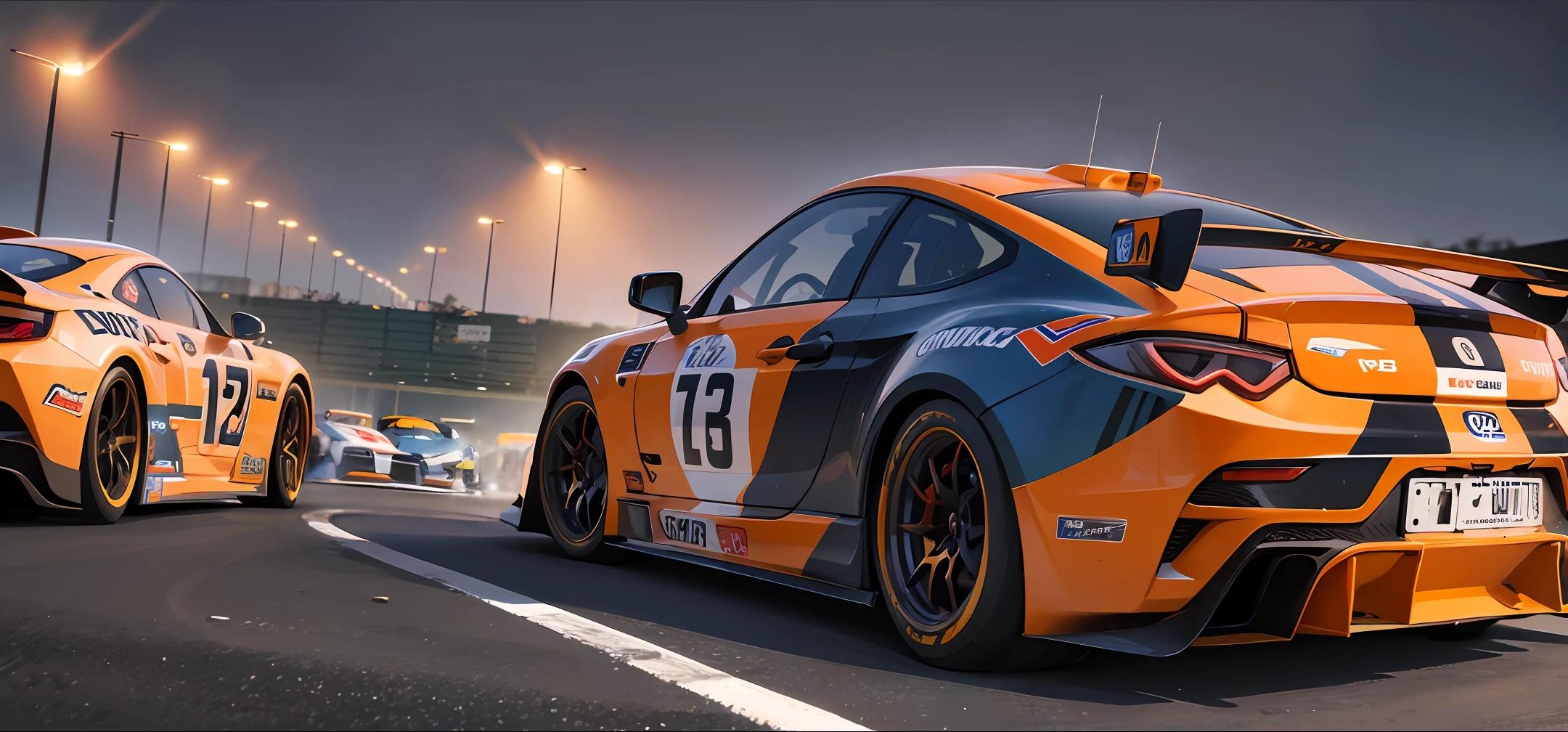 a screenshot of racing cars in a night time game, in the style of asher brown durand, realistic and hyper-detailed renderings, orange, exotic realism, alan lee, 32k uhd, grid-based --auto --s2