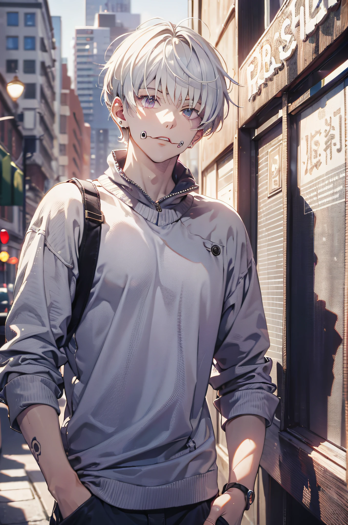 (absurdres, highres, ultra detailed, HDR), masterpiece, best quality, a boy, solo, handsome, short hair, white hair, finely eye and detailed face, casual clothes, real shadow, lift hand in peace sign, joyful, ear piecing,