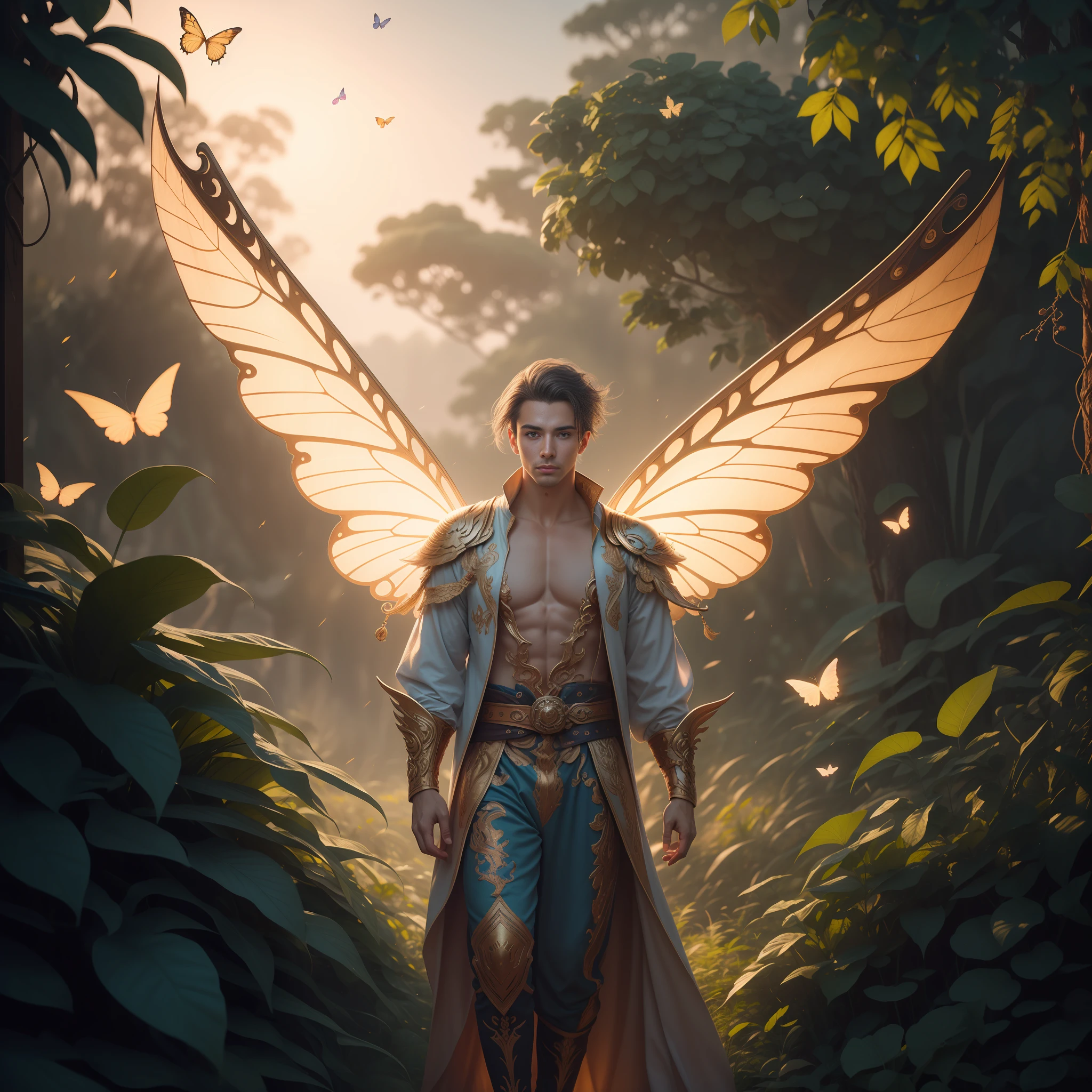 Beautiful male male fairy outfit, long clothes, full body, with orange and gold details, large wings, with butterflies flying through the nose, branches of plants rising up the cheekbones, delicacy, beauty, full body, lush vegetation blurred background, vibrant colors, lush light, soft light, sunset light, smooth light, symmetrical, full body, reflections, dynamic HDR lighting, 8k resolution, cinematic film, smooth, sharp focus, realistic, strobe light beams, ((blurred background)):1.7, (((depth of field)) ):1.8, cinestill 800t 35mm, high quality, heavy grain, high detail, cinematic composition, dramatic light, anamorphic, ultra wide lens, hyperrealistic