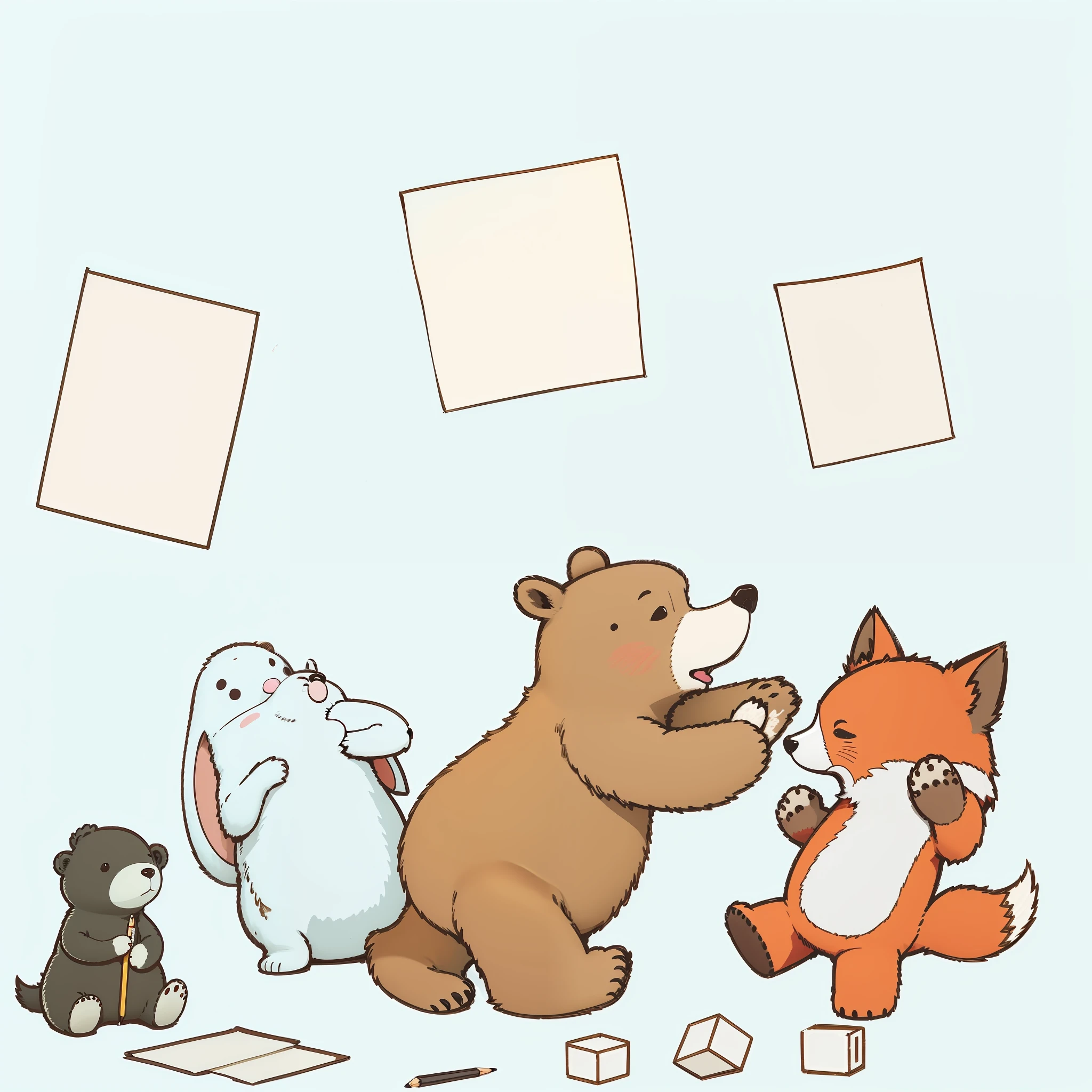 In a bright room, with clipart on the wall, toys scattered on the floor, a mole on the far left sitting on the ground with a pencil in his hand, a white rabbit behind the bear, and the bear reaching for the cake from the fox on the far right