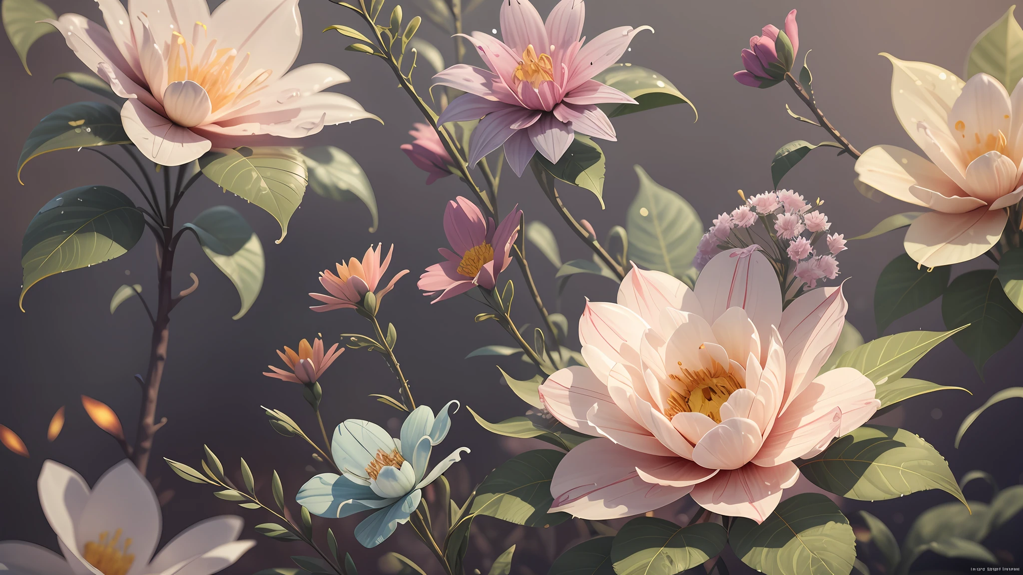 There are many flowers that are in a vase on the table, render smooth CG 3D, rendered in Povray, beautiful 3D render, highly detailed render, hyper realistic detailed render, hyper detailed 3D render, hyper detailed 3D render, highly detailed scene, fancy flowers and leaves, stylized 3D render, beautiful digital art, 3D rendered in octane, wet, dew drops,  Reflections of the sun on the drops