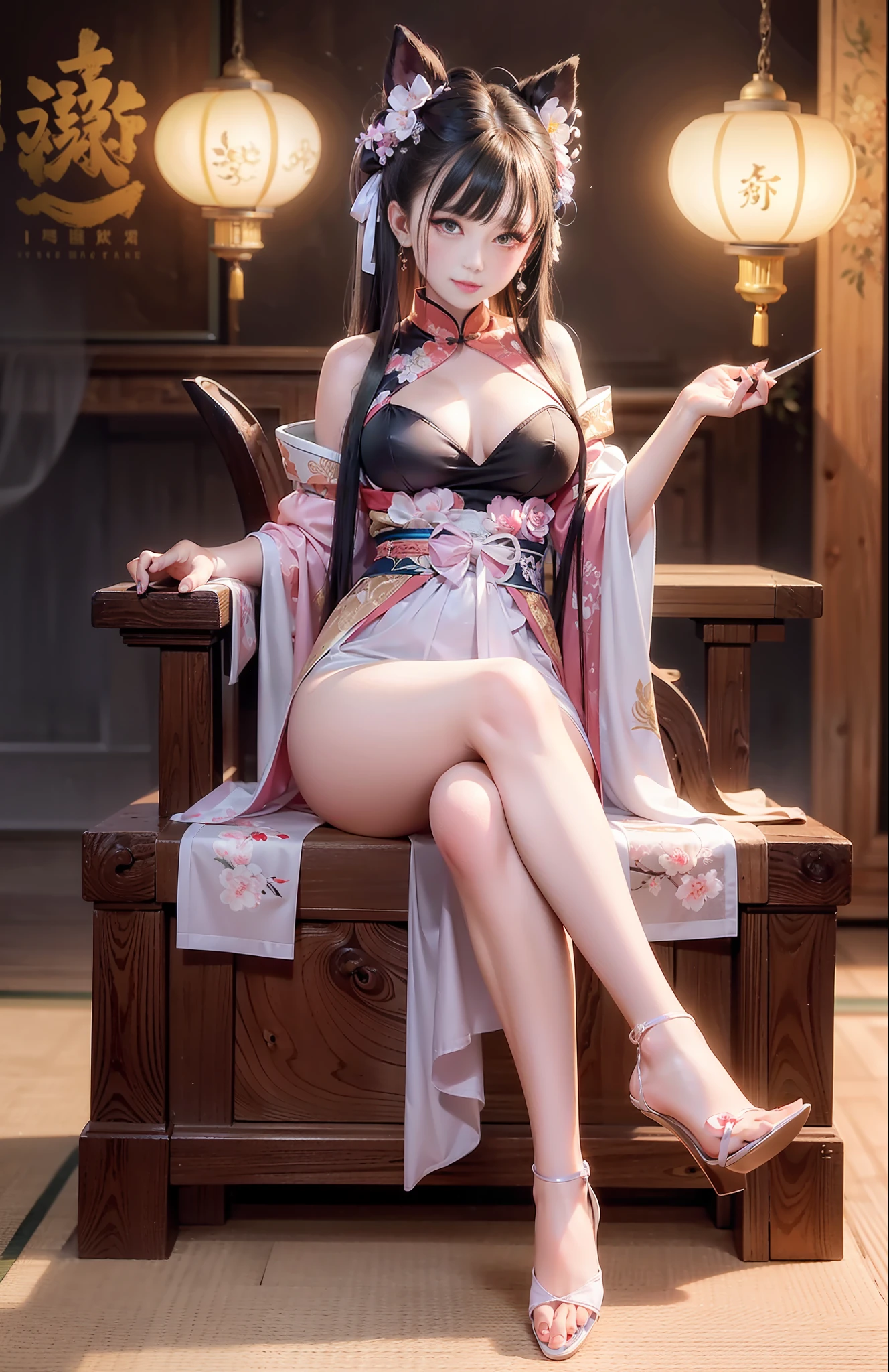 Sexy seductive lady, 30 years old, peach blossom eyes, smoky makeup, silk high-forked hanfu, stiletto heels, (bare legs), provocative expression, sitting on a throne, striped hair, black hair, moles under the eyes, makeup, anime style, seductive smile, kinky smile, chinese court, chinese feeling, lantern, chinese knot, uhq, masterpiece, , 8k, best quality, ccurate, anatomically correct, highly detailed characters, stiletto heels, bare legs, rounded smooth bare legs, (8k, original photo, best quality, Masterpiece,,:1.2),((character)concept art),Full body concept,fine details,Screen center,