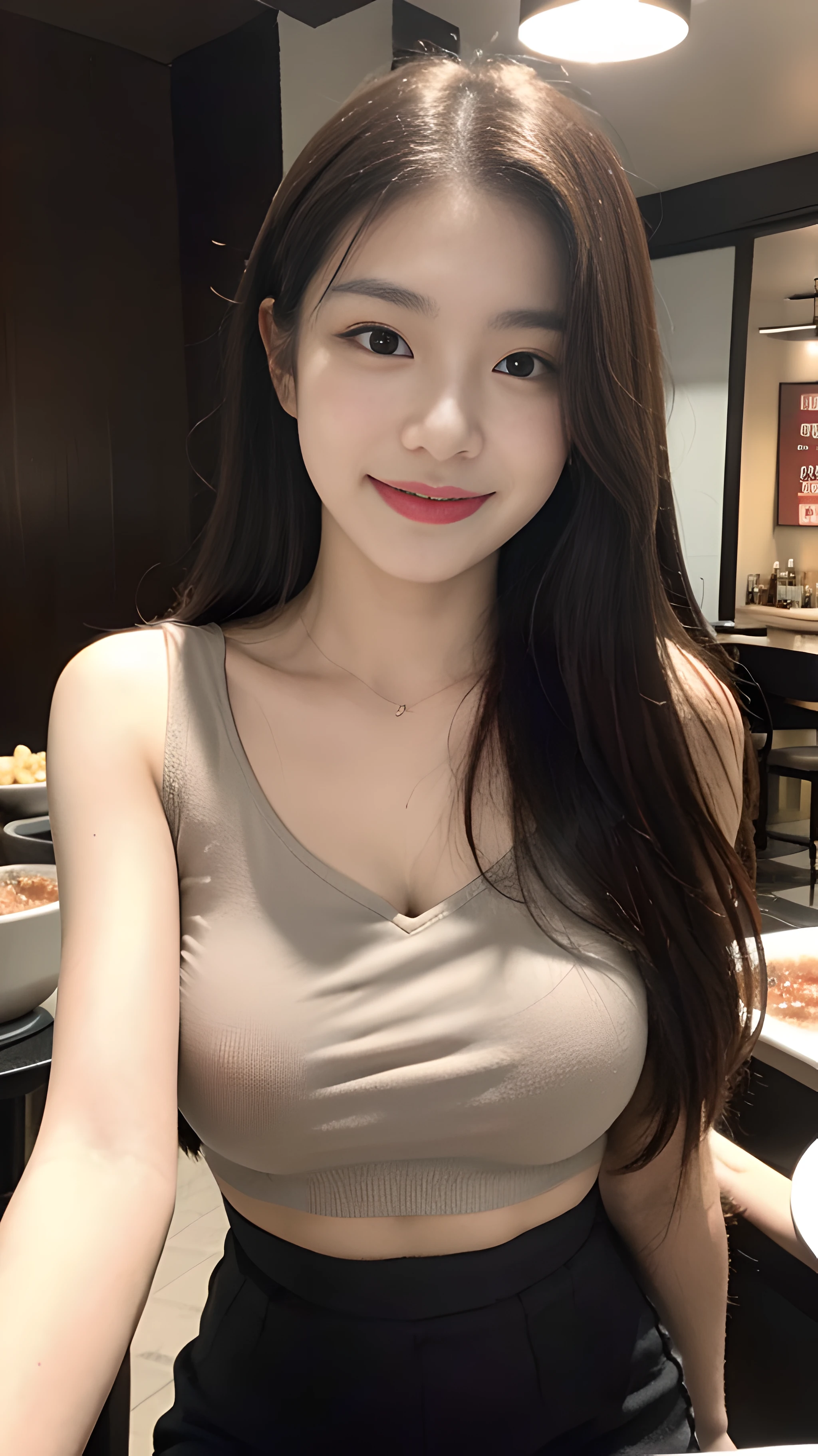 (1 cute Korean star), ((best quality, 8k, masterpiece: 1.3)), focus: 1.2, perfect body beauty: 1.4, ((air bangs: 1.2)), , (night, street: 1.3), highly detailed face and skin texture, delicate eyes, double eyelids, whitened skin, (long hair: 1.3), (round face: 1.5), (shoulder skirt: 1.6). Smile and eat hot pot at a hot pot restaurant at night