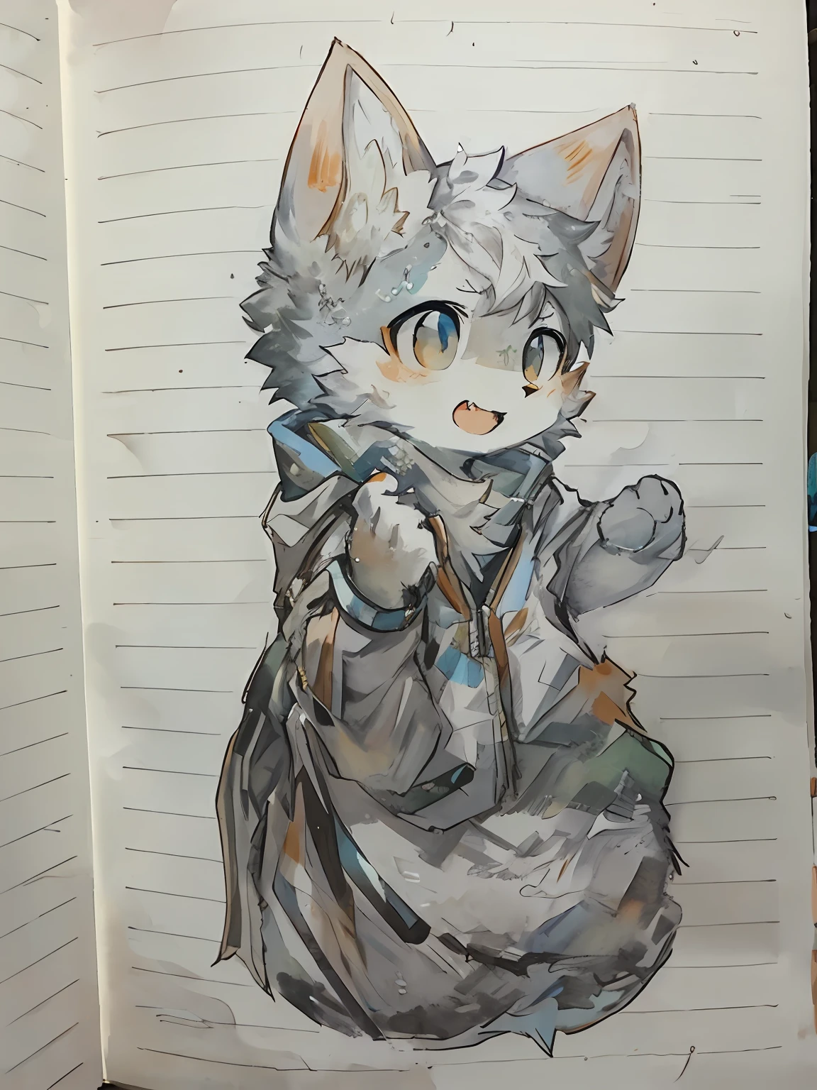 Professional furry painting, an orange and white fox, furry characters, watercolors