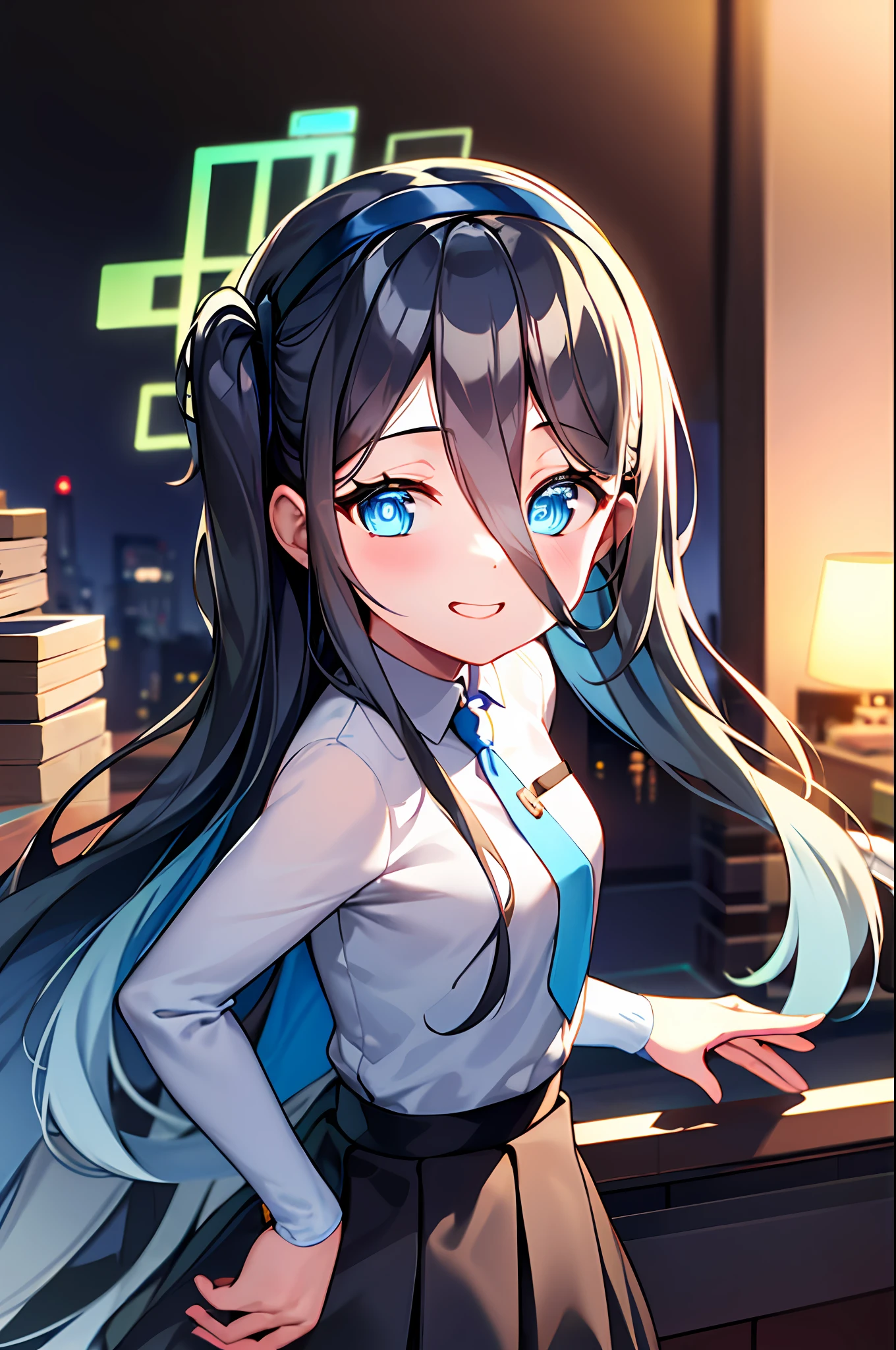 pureerosface_v1:0.66), best quality, ultra high definition, (photorealistic: 1.4), one girl, fine eyes, dark-eyed makeup, slim waist, blush, K-pop idol, (charm: 1.0), fine-eyed makeup, puffy eyes, solo, perfect ???????, (big), (slender), (black hair: 1), (watch viewers). (original_alice), (light blue tie), (marine blue eyes), (zhuo),(alice_halo:0.7),(blue halo),(smile),(happy),(pigtails),(long hair),(long bangs),(blue archive),(black hair band),(long coat),(school uniform),(white long-sleeved shirt),(pleated skirt),(navy blue skirt), Depth of field, facial details, skin luster, beautiful eyes, dark eye makeup, slim waist, blush, fine eye makeup, solo, perfect ???????. (((gentle smile))).Night.room.
