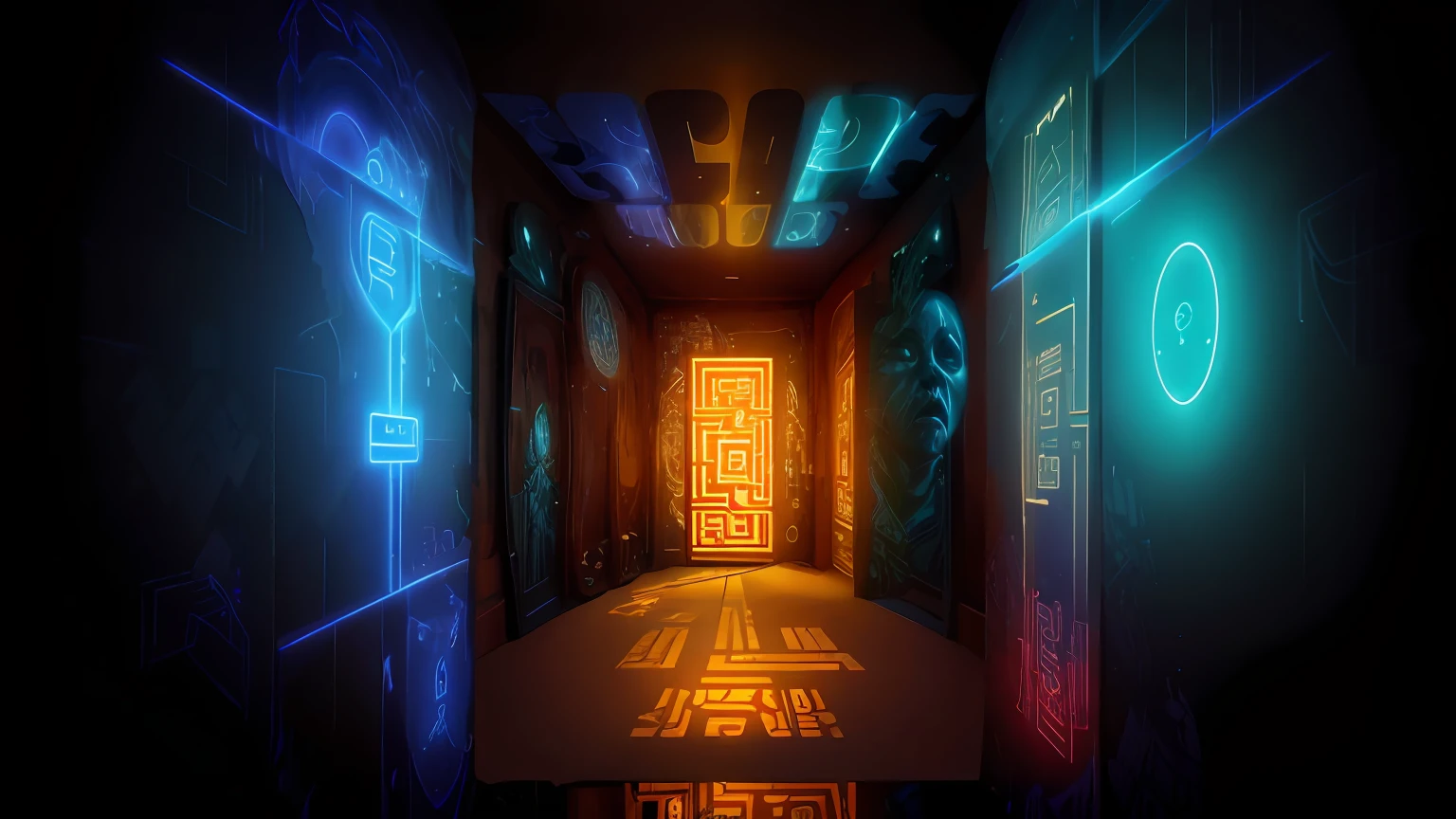 Square indoor space, secret room, immersive indoor horror theme, blood, escape room, holographic, projection, LED, maze, digital immersive indoor space, characters, decryption, exploration, detail, high precision, ground projection, lines, riddles, a girl, a boy, the ground has a maze pattern, the top is mirror, reflection, there is a sci-fi holographic avatar on the wall, haunted house, inception, distortion, spatial transformation, specular reflection, complex patterns, holographic transparent glass, Chinese character symbols, Taoism, yin and yang, transparent suspended horror face,