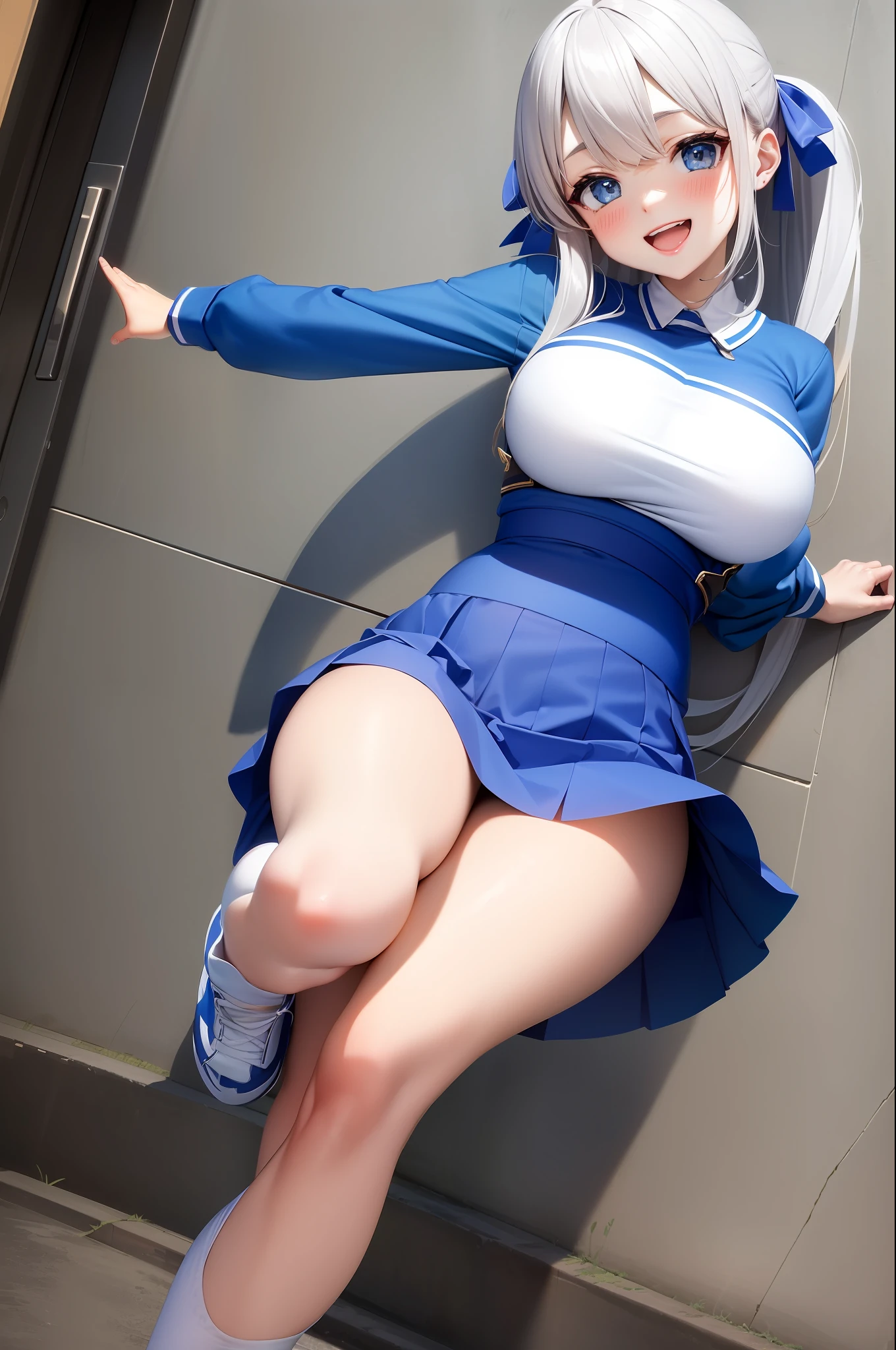 masterpiece, 1 , solo, (smile: 1.3), tusks, (blue skirt, white long sleeve, clothes written: 1.2), (open mouth: 1.2), street, city, (gigantic breasts: 1.2)