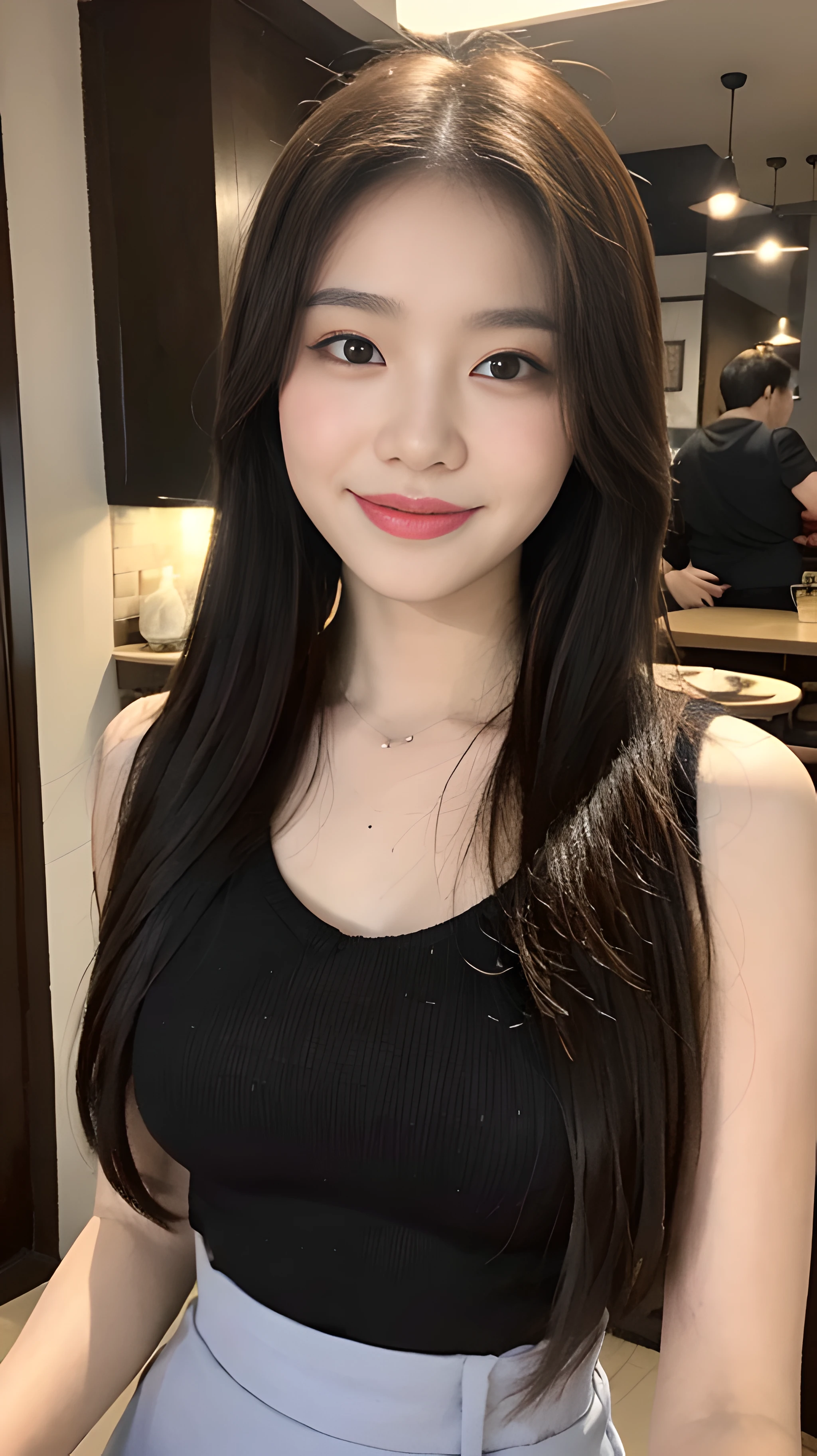 (1 cute Korean star), ((best quality, 8k, masterpiece: 1.3)), focus: 1.2, perfect body beauty: 1.4, ((air bangs: 1.2)), , (night, street: 1.3), highly detailed face and skin texture, delicate eyes, double eyelids, whitened skin, (long hair: 1.3), (round face: 1.5), (shoulder skirt: 1.6). Smile and eat hot pot at a hot pot restaurant at night