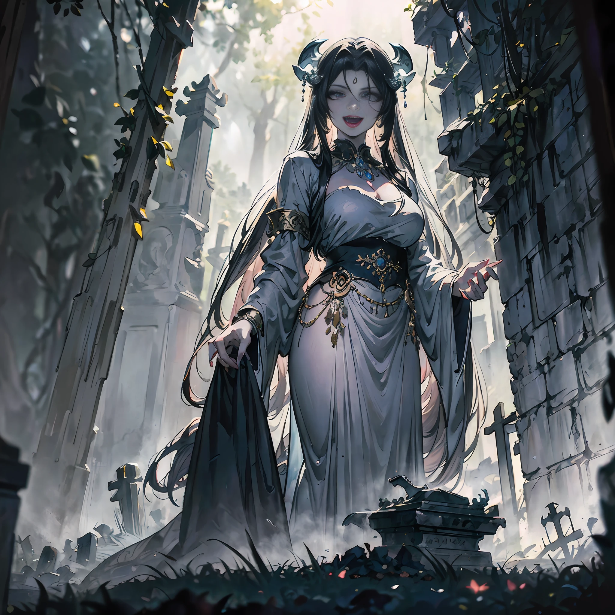 a marble statue of medusa adorned in decorative silver jewelry, her (fangs:1.2) are bared, standing in a misty (cemetery:1.2) surrounded by gravestones, snake tail, detailed eyes, masterpiece, best quality, intricate detail, absurdres, chromatic aberration, depth of field, professional photography, soft lighting, tone mapped, highly detailed, sharp focus, dramatic lighting, intricate details, cinematic, 8K, incredible shadows, realistic, (highly detailed background:1.0)