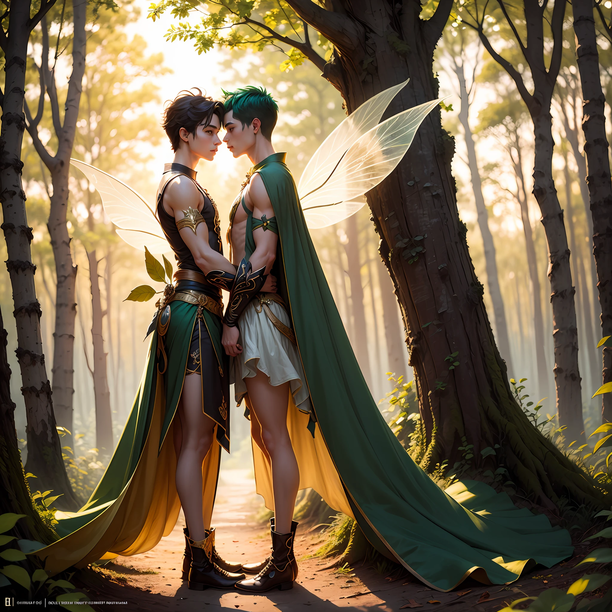 Cute male fairy with green and gold details, large wings, forest in the background, vibrant colors, lush light, soft light, sunset light, smooth light, symmetrical, full body --auto --s2