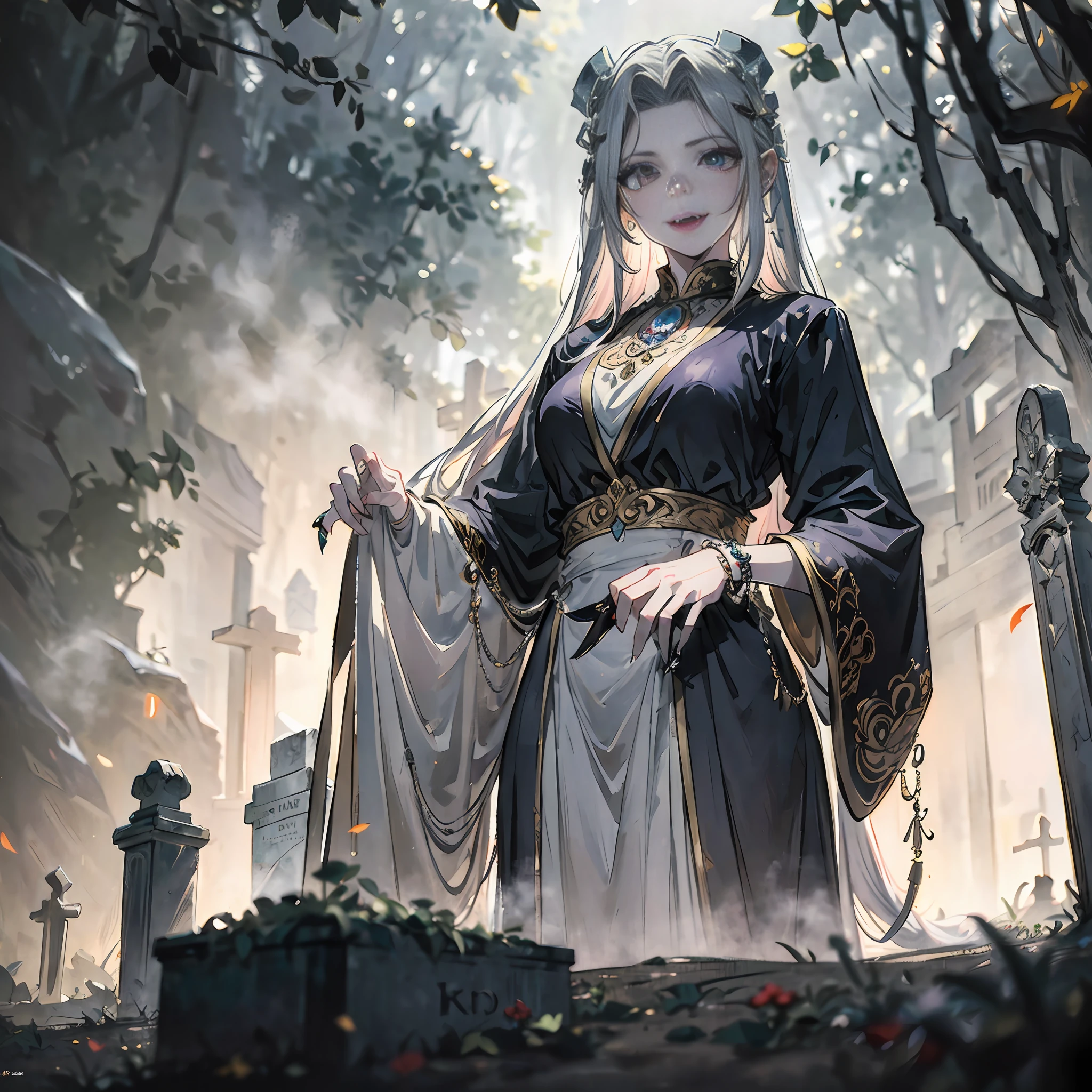 a marble statue of medusa adorned in decorative silver jewelry, her (fangs:1.2) are bared, standing in a misty (cemetery:1.2) surrounded by gravestones, snake tail, detailed eyes, masterpiece, best quality, intricate detail, absurdres, chromatic aberration, depth of field, professional photography, soft lighting, tone mapped, highly detailed, sharp focus, dramatic lighting, intricate details, cinematic, 8K, incredible shadows, realistic, (highly detailed background:1.0)