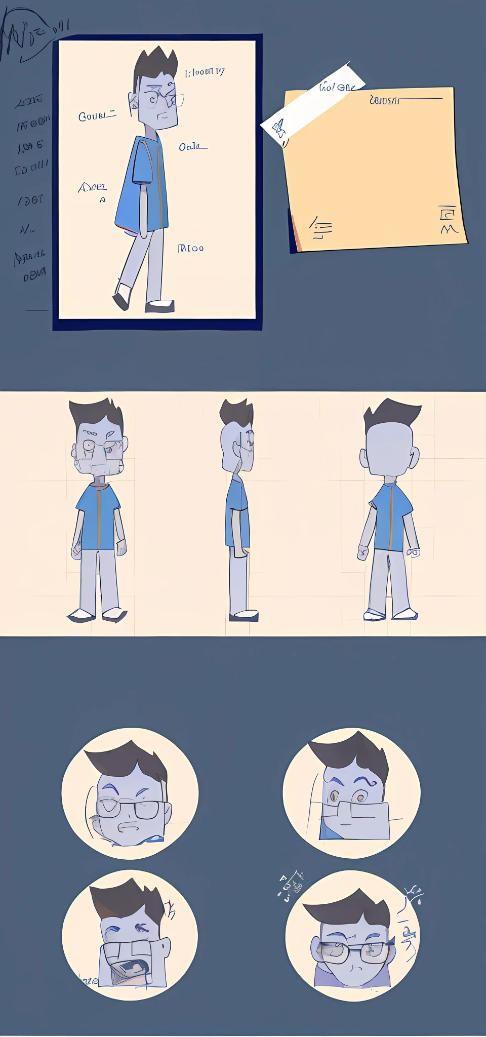 a close up of a cartoon of a man with different expressions, character turnaround, character model sheet turnaround, character design for animation, animated character design, animation character, reference model sheet, fullbody shot turnaround, model sheet, character animation, character model sheet, character is standing, full body character concept, full body character, character posing, character design sheet, character design