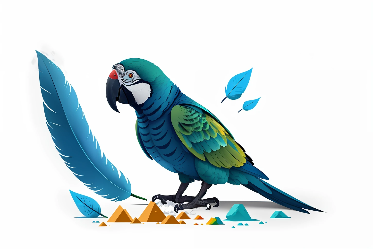 A parrot with powder and blue feathers, not full picture, pure white background, feathers, transparent color, no figures