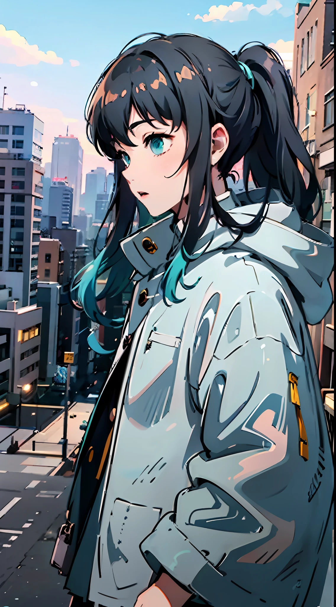 Top Quality, (1boy:1), Solo, Long Hair, View Audience, Bangs, Black Hair, Aqua Eye, Multicolored Hair, Tokito_Muichirou, (Blue Parka:1.2), Jeans, Reach Out, Ponytail, Men, Muscular, Big Body