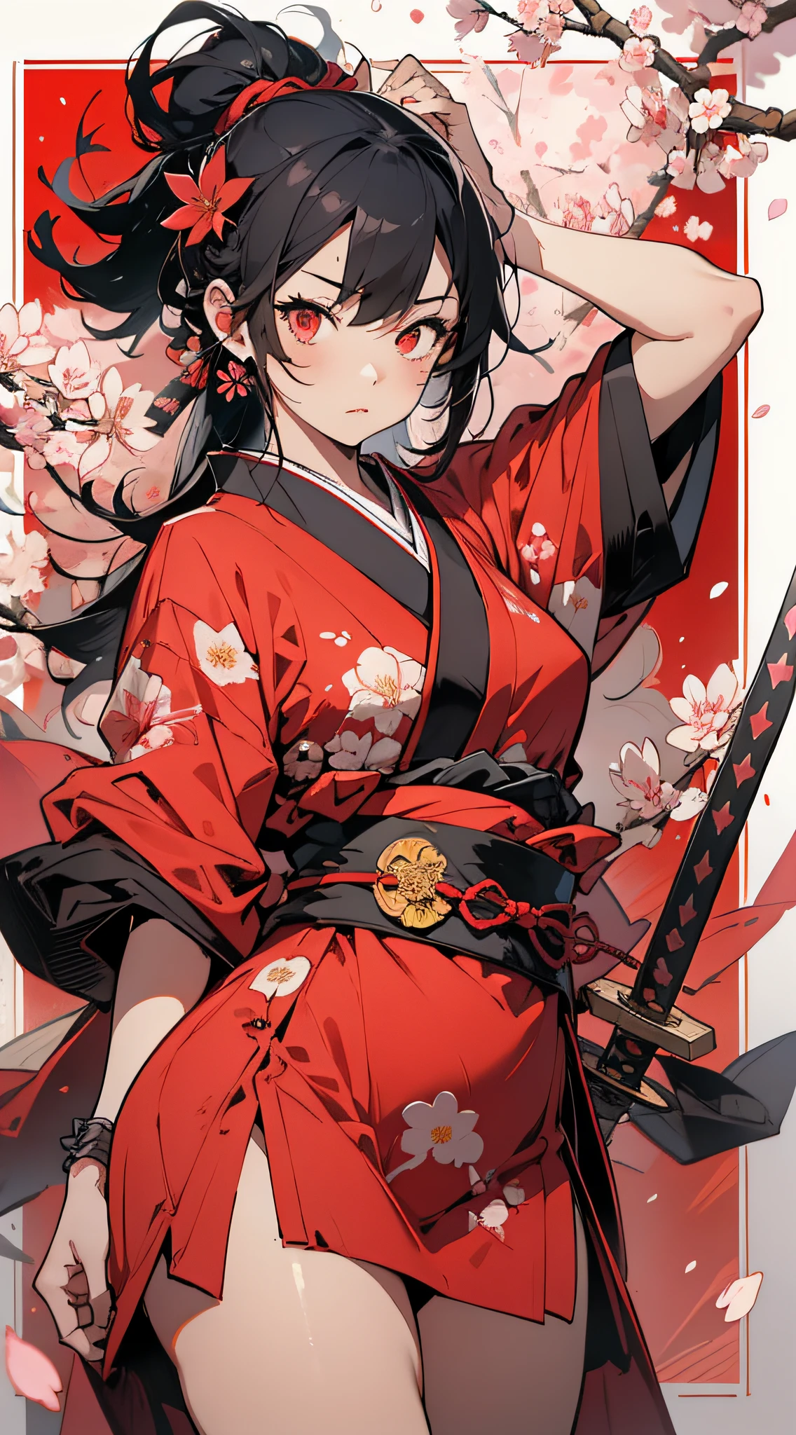 Master masterpiece, super high resolution, perfect picture quality, (ink style,) warrior, a girl, blindfold, eye band, red clothes, Japanese clothing, Japanese sword, cherry blossoms, petals, flowers, flowers,