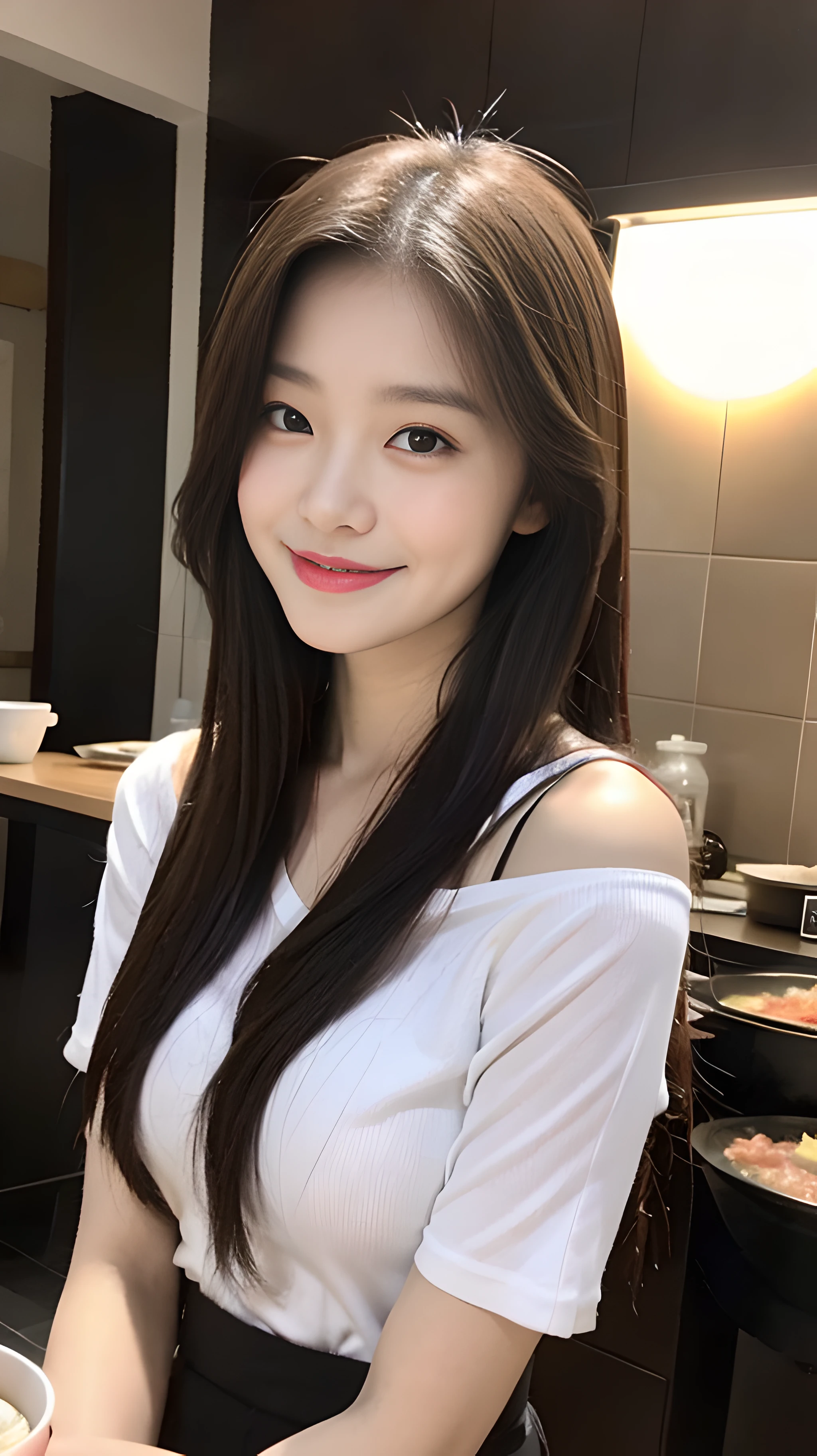 (1 cute Korean star), ((best quality, 8k, masterpiece: 1.3)), focus: 1.2, perfect body beauty: 1.4, ((air bangs: 1.2)), , (night, street: 1.3), highly detailed face and skin texture, delicate eyes, double eyelids, whitened skin, (long hair: 1.3), (round face: 1.5), (shoulder skirt: 1.6).  Smile and eat hot pot at a hot pot restaurant at night