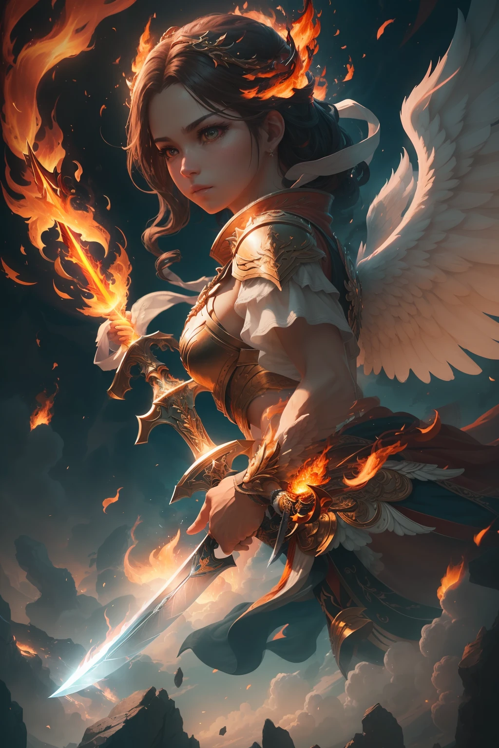An angel holding a sword of fire, shot from a low angle, capturing the majestic and powerful presence of the celestial being. The lens captures vibrant and intense colors, enhancing the fiery appearance of the sword. The color style is bold and dramatic, with rich reds and oranges blending together in the flames. The intricate details of the angel's wings and radiant halo are highlighted, creating a stunning visual. This masterpiece is rendered in 4K resolution, utilizing the Unreal Engine for hyper-realistic textures and dramatic lighting effects. --auto --s2