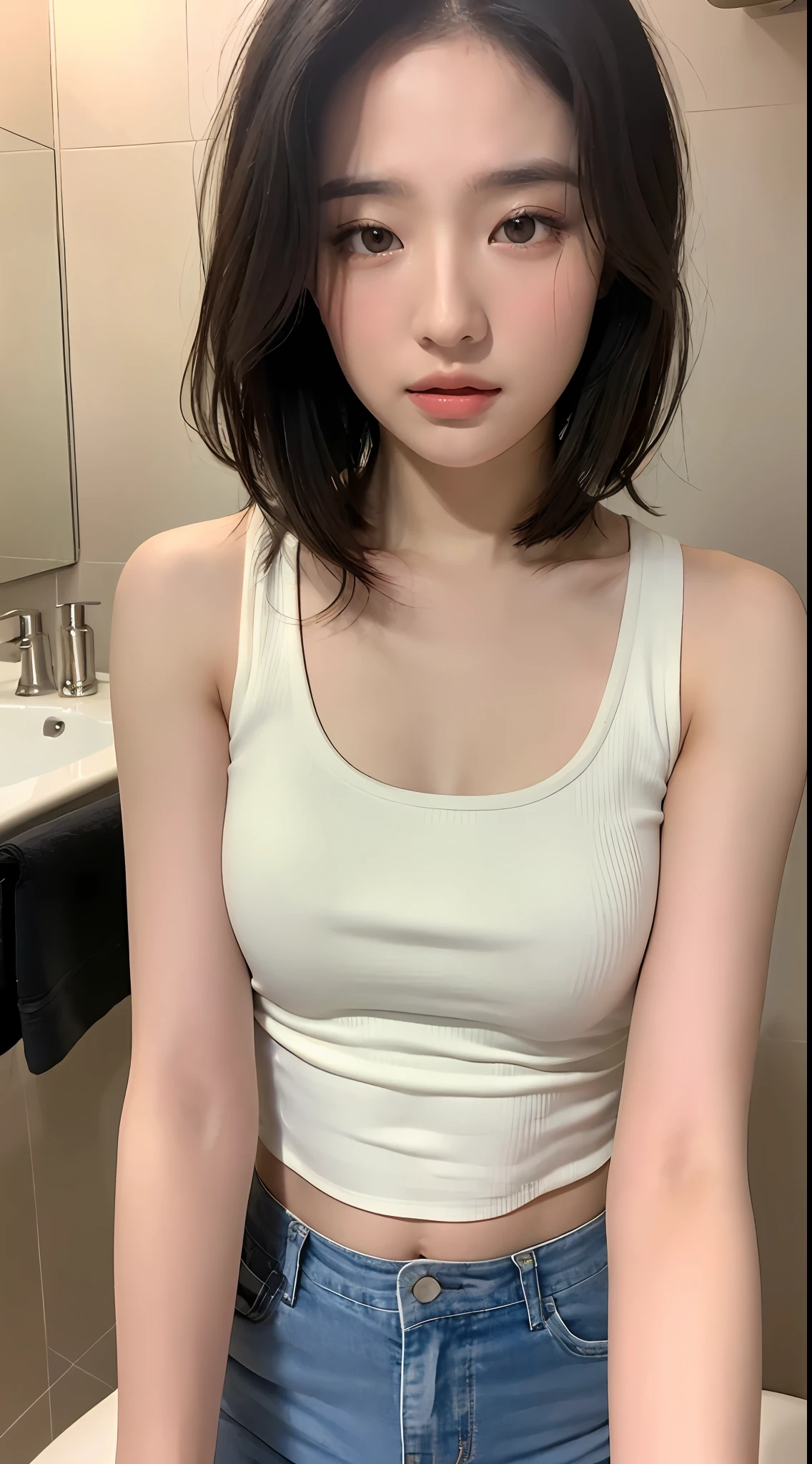 ((Best quality, 8k, Masterpiece :1.3)), Sharp focus:1.2, Perfect Body Beauty:1.4, Slim Abs:1.2, (Layered hairstyle: 1.2)), (Tank top shirt:1.1), (Bathroom:1.2), Highly detailed face and skin texture, Fine eyes, Double eyelids