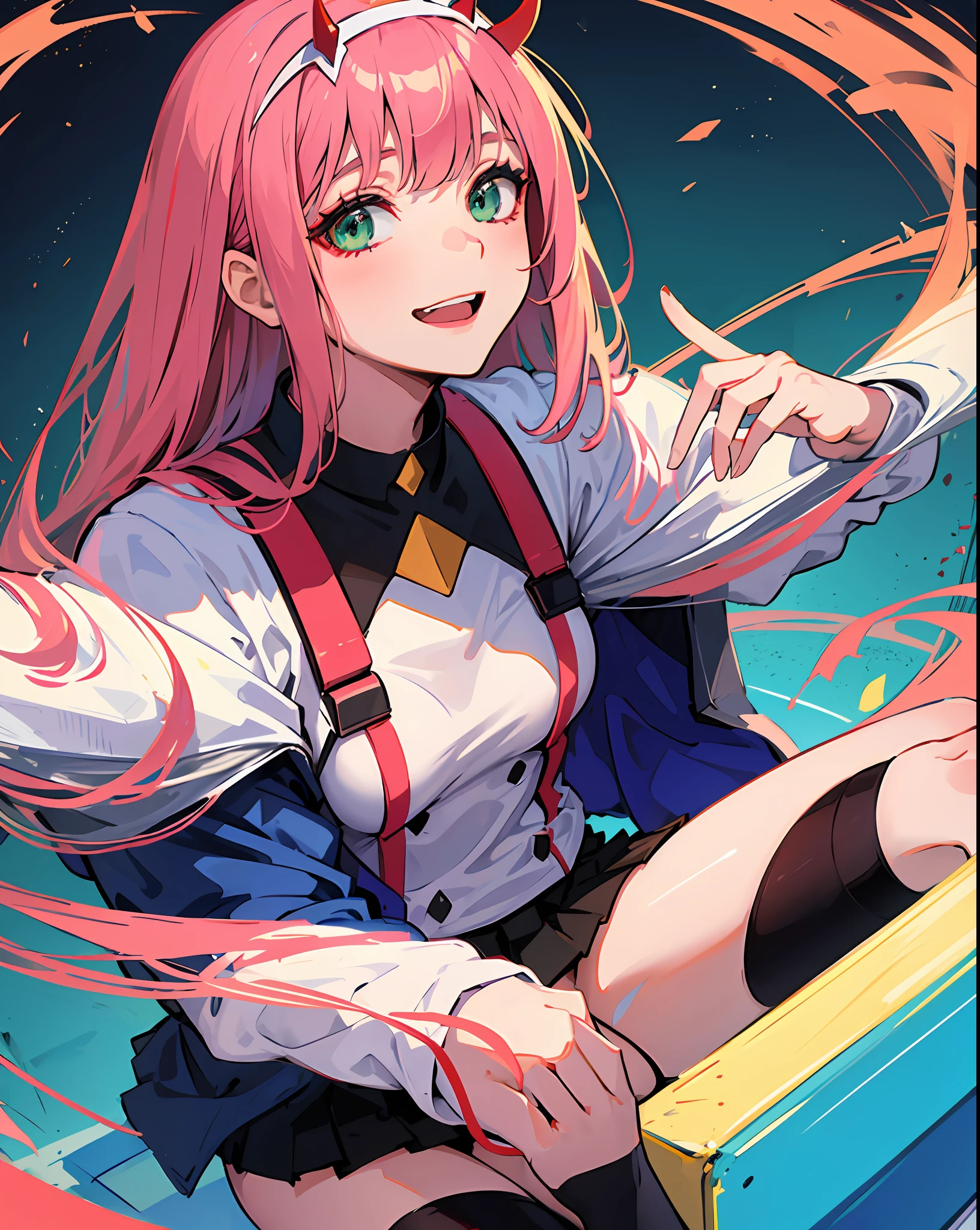 zero two \(darling at franxx\), darling at franxx, 1girl, sitting, smiling, bangs, shadow, green eyes, hair behind head, horns, long hair, makeup, small breasts, big thighs, short long-sleeved shirt, skirt, pink hair, red eyeshadow, science fiction, tight skin, solo