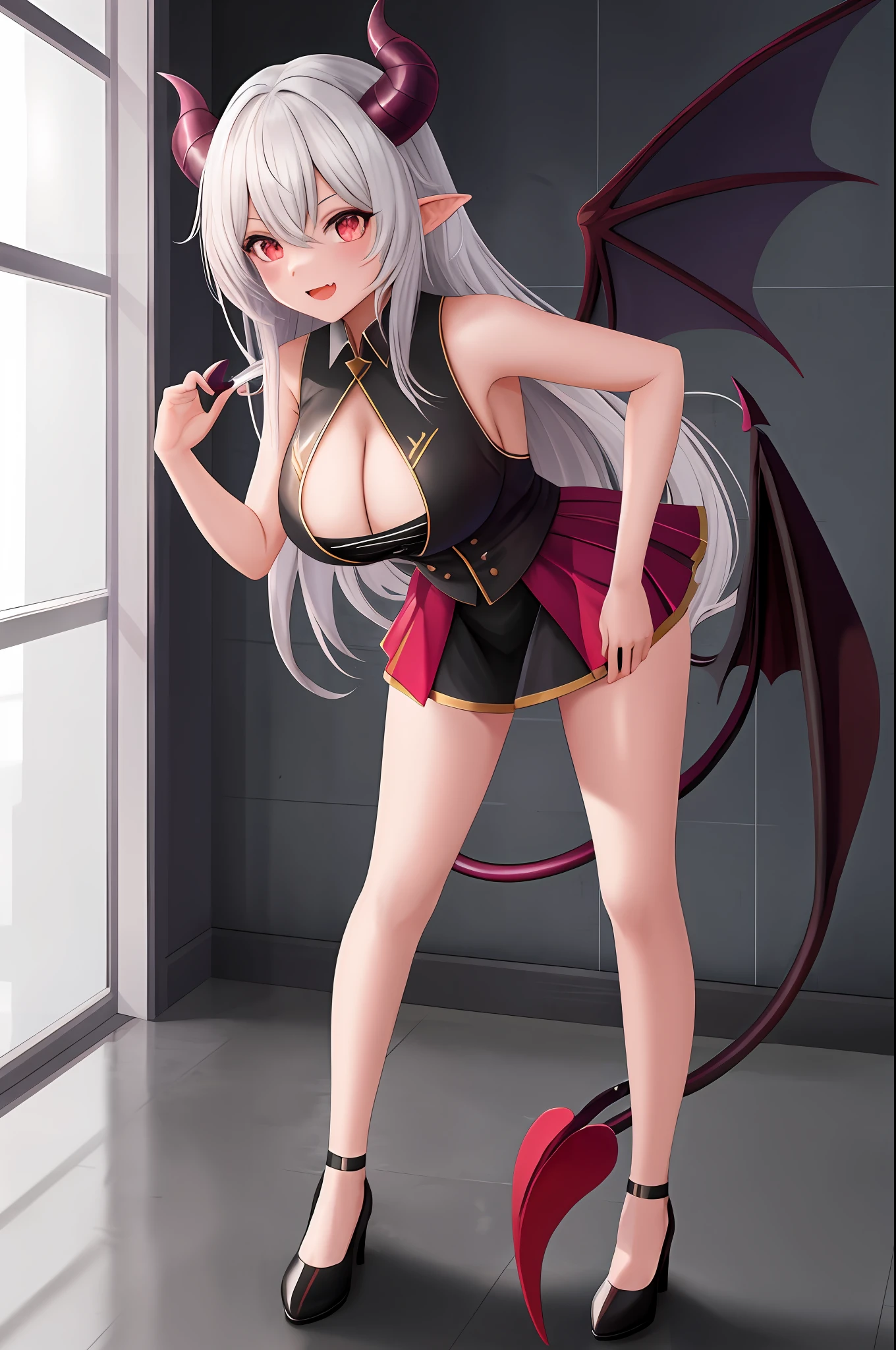 best quality, highres, ultra-detailed,  Shamsiel_Shahari, 1girl, solo, breasts, fang,  mischievous, full body shot, standing. tail, demon_girl, demon_wings, leaning_forward, downblouse,