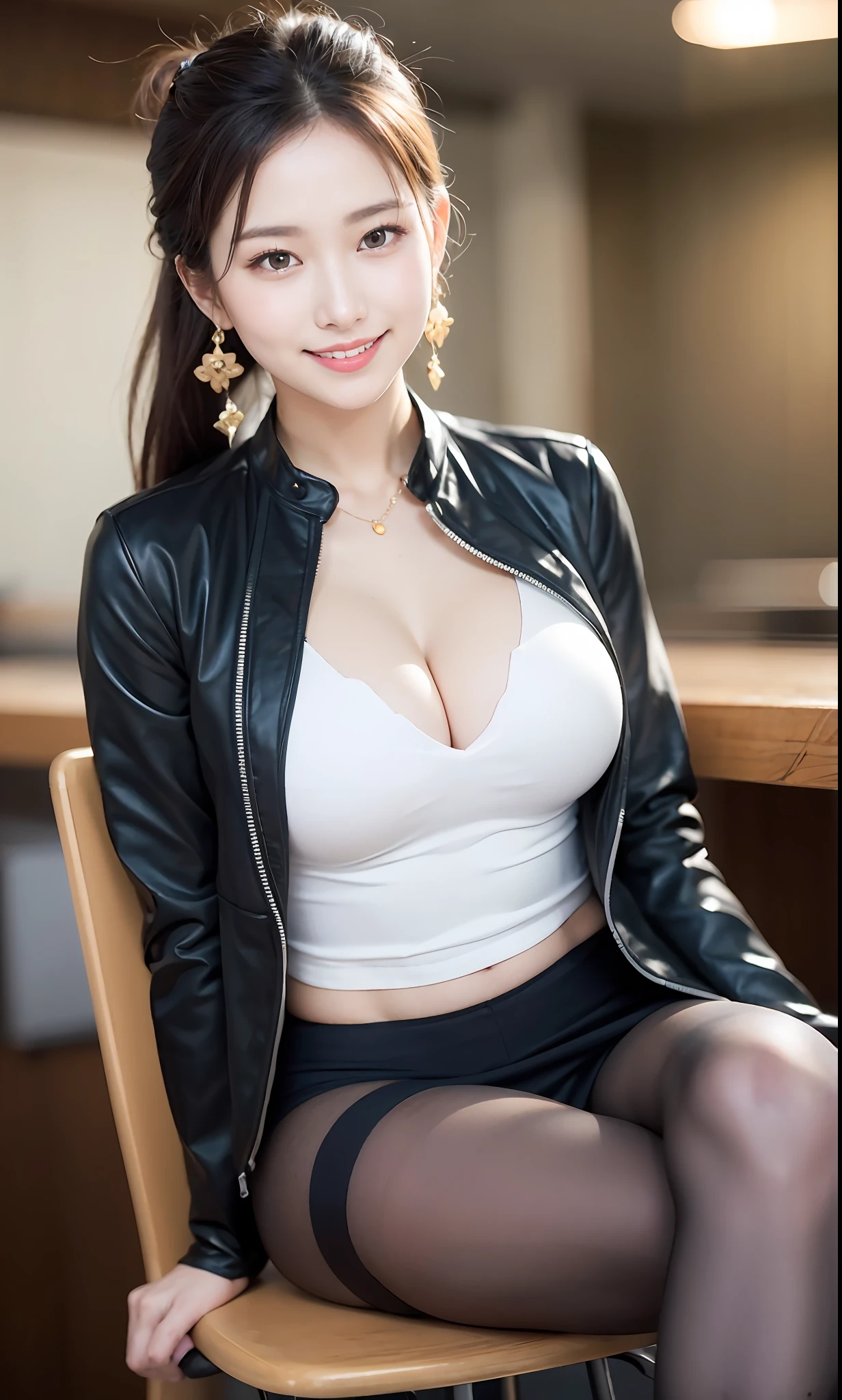 Delicate, Masterpiece, Beautiful Detail, Colorful, Fine Detail, Detail, Detail, Big Breasts, 1 Woman, (20 Year Old Beautiful Korean Woman: 1.1), (KPOP Idol, Korean Mix), (50mm Sigma f/1.4 ZEISS Lens, F1.4, 1/800s, ISO 100, Photo: 1.1), (Ponytail + Blonde: 1.2), Realistic: 1.4), (Spy: 1.2), (dark blue open jacket, shirt, skirt, tie, black pantyhose, Christian Louboutin \ (brand\): 1.3), earrings, necklace, armlets, (tavern: 1.2), (beautiful legs, tall woman, skinny, slim legs, thigh gap, model: 1.2), lens flare, happy smile from the front: 1.1), Dynamic pose, (make: 1.2), sitting on bar stools, Nogizaka idol, Korean idol, actress, gravure idol, armpit, arms crossed, android