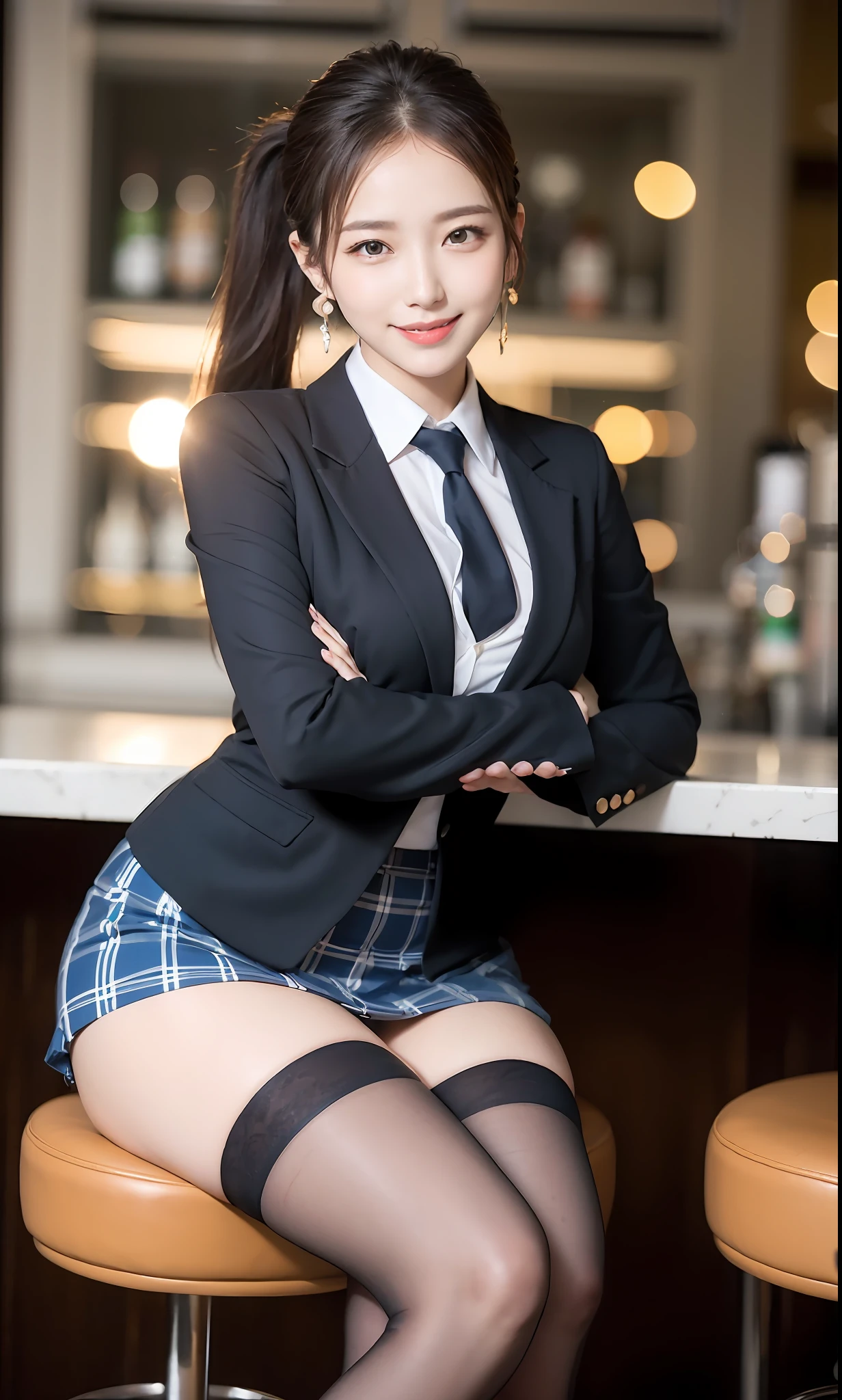 Delicate, Masterpiece, Beautiful Detail, Colorful, Fine Detail, Detail, Detail, Big Breasts, 1 Woman, (20 Year Old Beautiful Korean Woman: 1.1), (KPOP Idol, Korean Mix), (50mm Sigma f/1.4 ZEISS Lens, F1.4, 1/800s, ISO 100, Photo: 1.1), (Ponytail + Blonde: 1.2), Realistic: 1.4), (Spy: 1.2), (dark blue open jacket, shirt, skirt, tie, black pantyhose, Christian Louboutin \ (brand\): 1.3), earrings, necklace, armlets, (tavern: 1.2), (beautiful legs, tall woman, skinny, slim legs, thigh gap, model: 1.2), lens flare, happy smile from the front: 1.1), Dynamic pose, (make: 1.2), sitting on bar stools, Nogizaka idol, Korean idol, actress, gravure idol, armpit, arms crossed, android