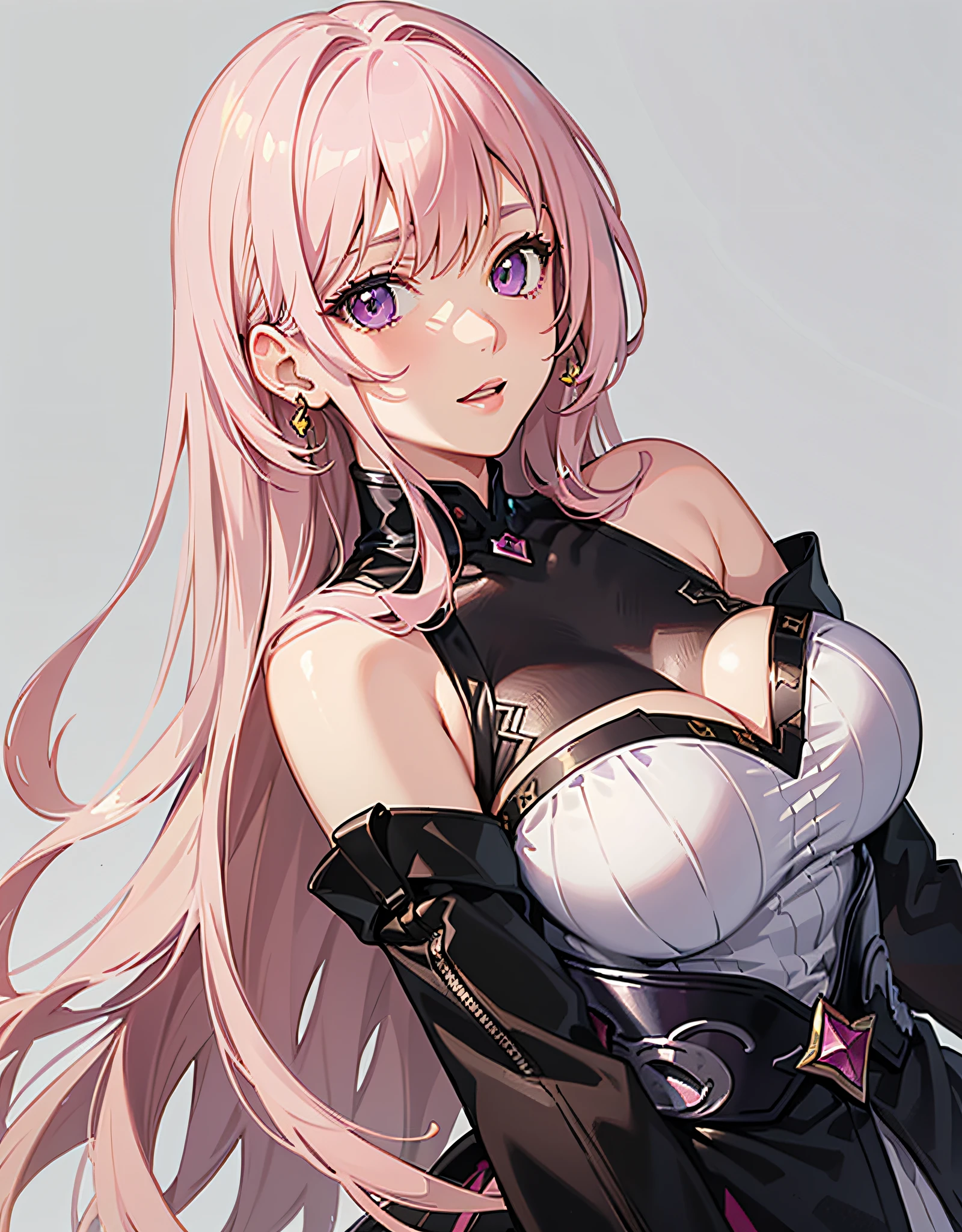 ((best quality, Masterpiece)) 1 woman, matured anime woman, longsleeve noble outfit, aristocrat, long hair, pink hair, purple eyes, pale skin, plain white background, waist up shot, arms down, relaxed face, detailed face, negative spaces on the side