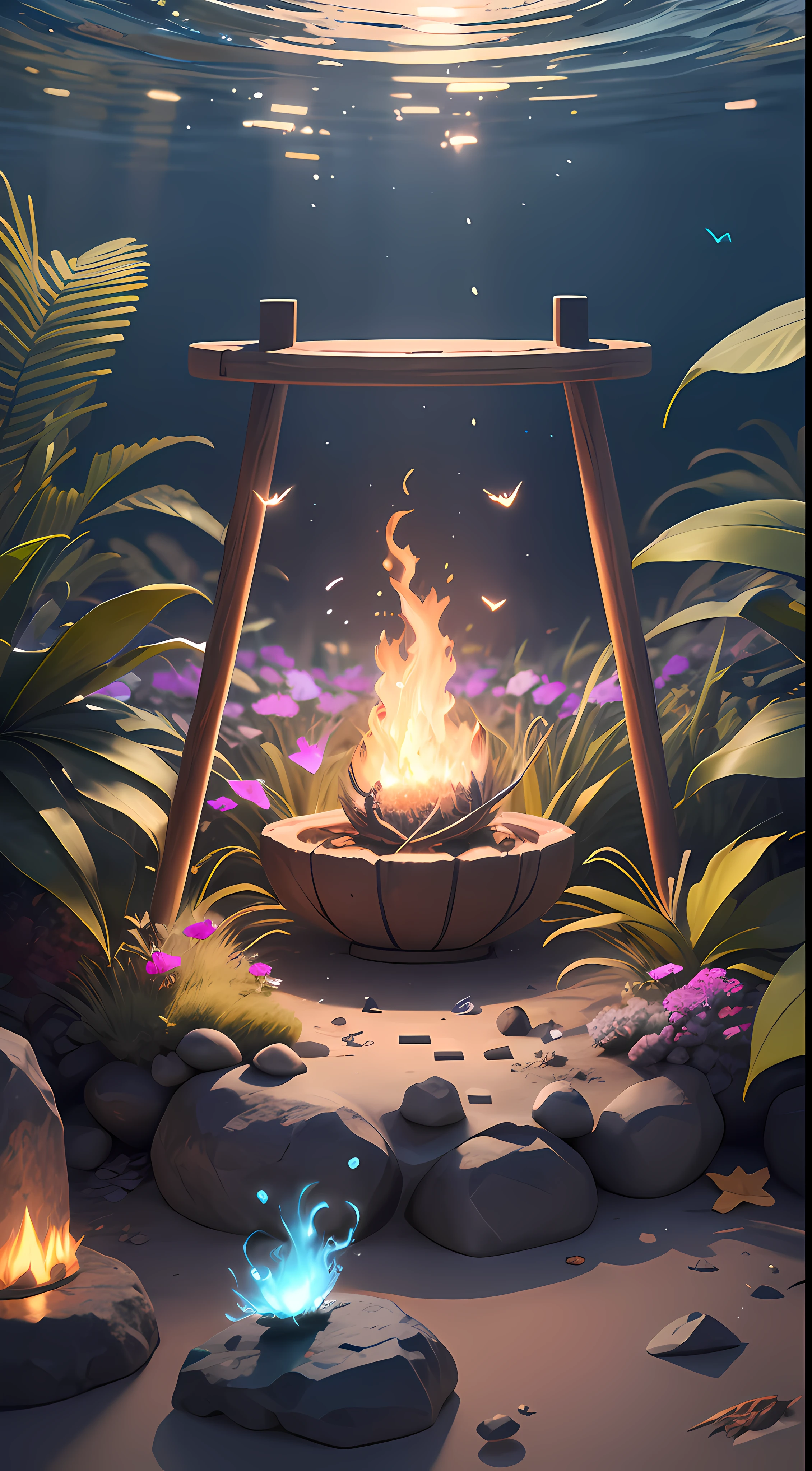 Masterpiece, best quality, (very detailed CG unified 8k wallpaper), (best quality), (best illustration), (best shadow), glowing critters, natural elements in sea theme. mysterious sea, beautiful sea, nature, surrounded by flowers, surrounded by fireflies (natural elements), (sea theme), (coconut tree), (branches), (firefly), (particle effect) and other 3D, Octane rendering, ray tracing, super detailed --auto